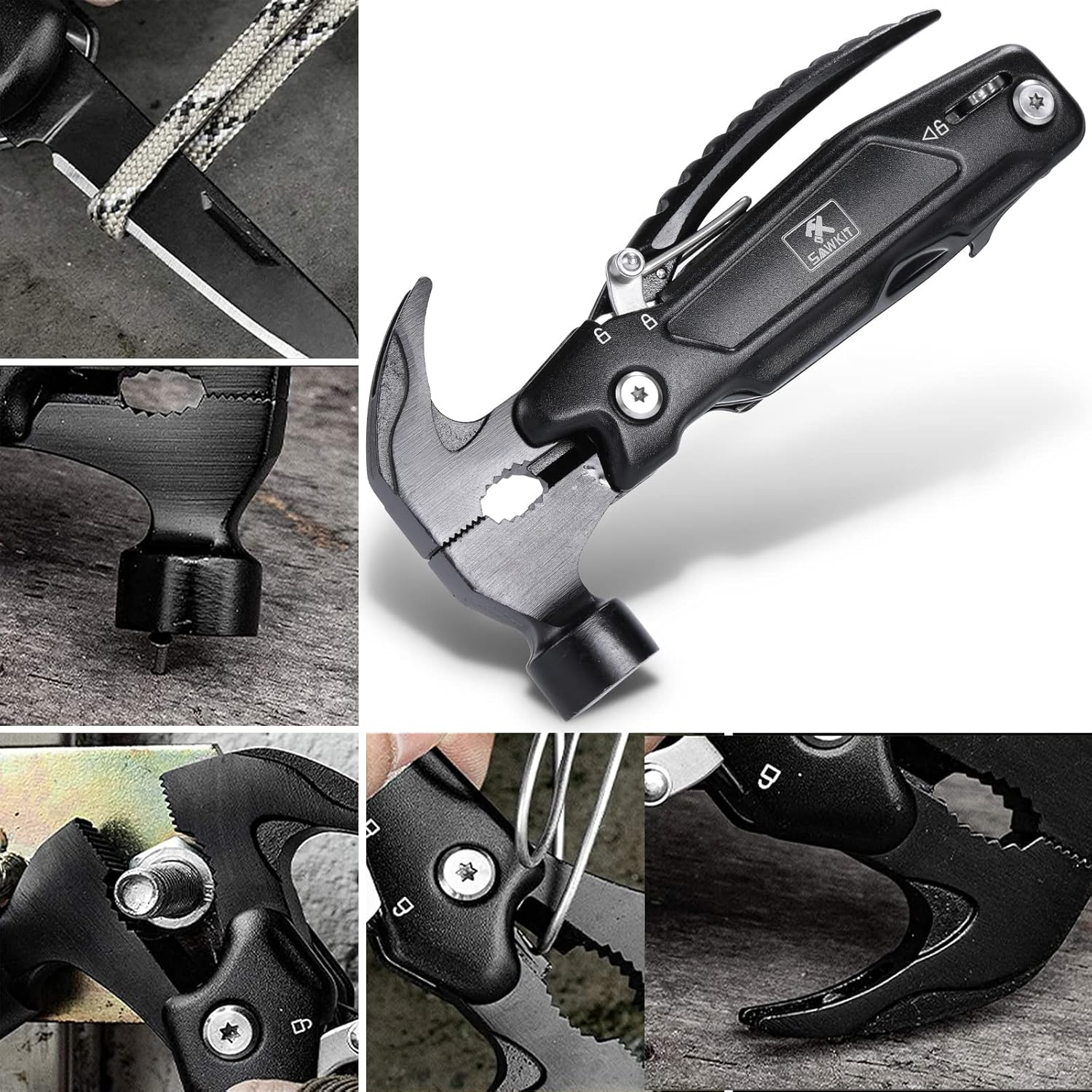 SAWKIT Multi-Tool Pliers Multi-Functional 15 in 1 Mini Hammer Camping Gear Survival Tool for Men, DIY Handyman, Father/Dad, Husband, Boyfriend, Women, All in One Survival Tools Small Hammer Multitool image number 3
