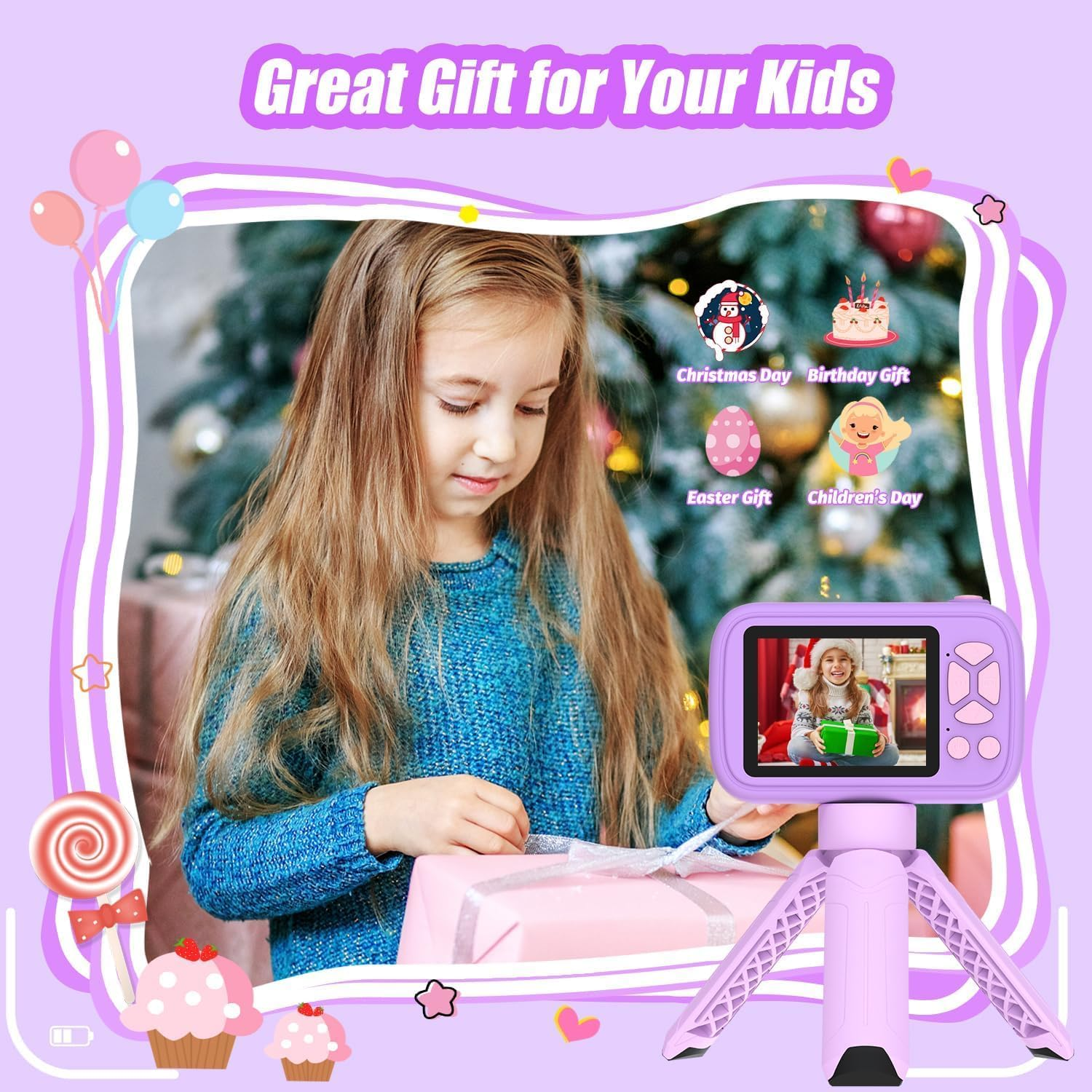 ZONEY Kids Camera Toys,Children'S Camera with Flip-Up Lens for Selfie & Video, 32G 1080P HD Digital Camera with Flash Lamp, Video Recorder, Birthday Gifts for Boys Girls (Purple)