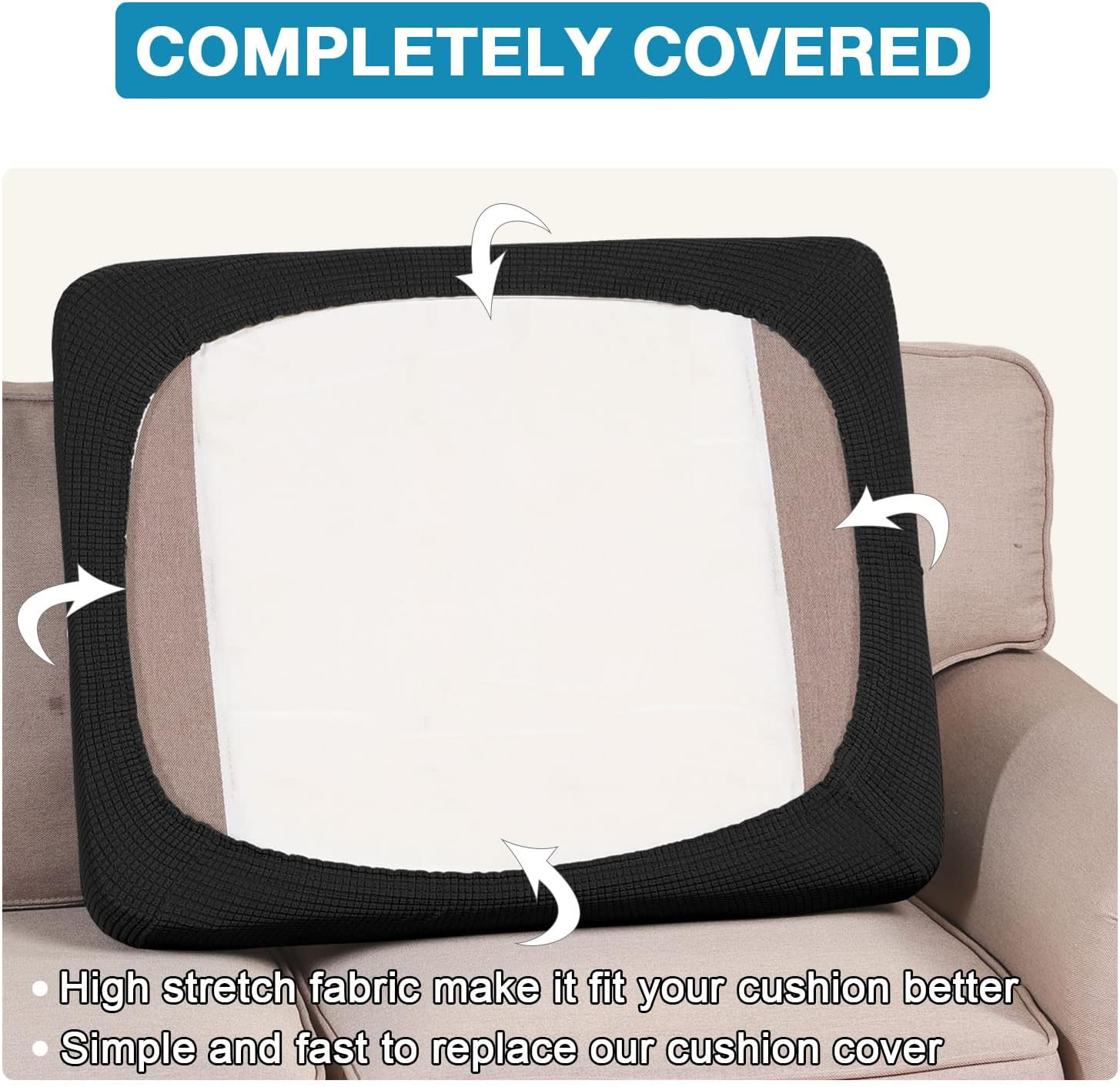 H.VERSAILTEX High Stretch Individual Seat Cushion Covers Sofa Slipcovers Couch Cushion Protector Sofa Covers Rich Jacquard Textured Twill Fabric (3 Pack for 3 Cushion, Black)