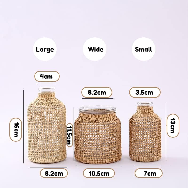 Decorative Glass Vase with Rattan Cover,Vintage Vase for Flower Wide Vase Floral Container for Dry Faux Flower Arrangements Home Decor (Wide-10.5Cm*11.5Cm*8.2Cm) image number 1