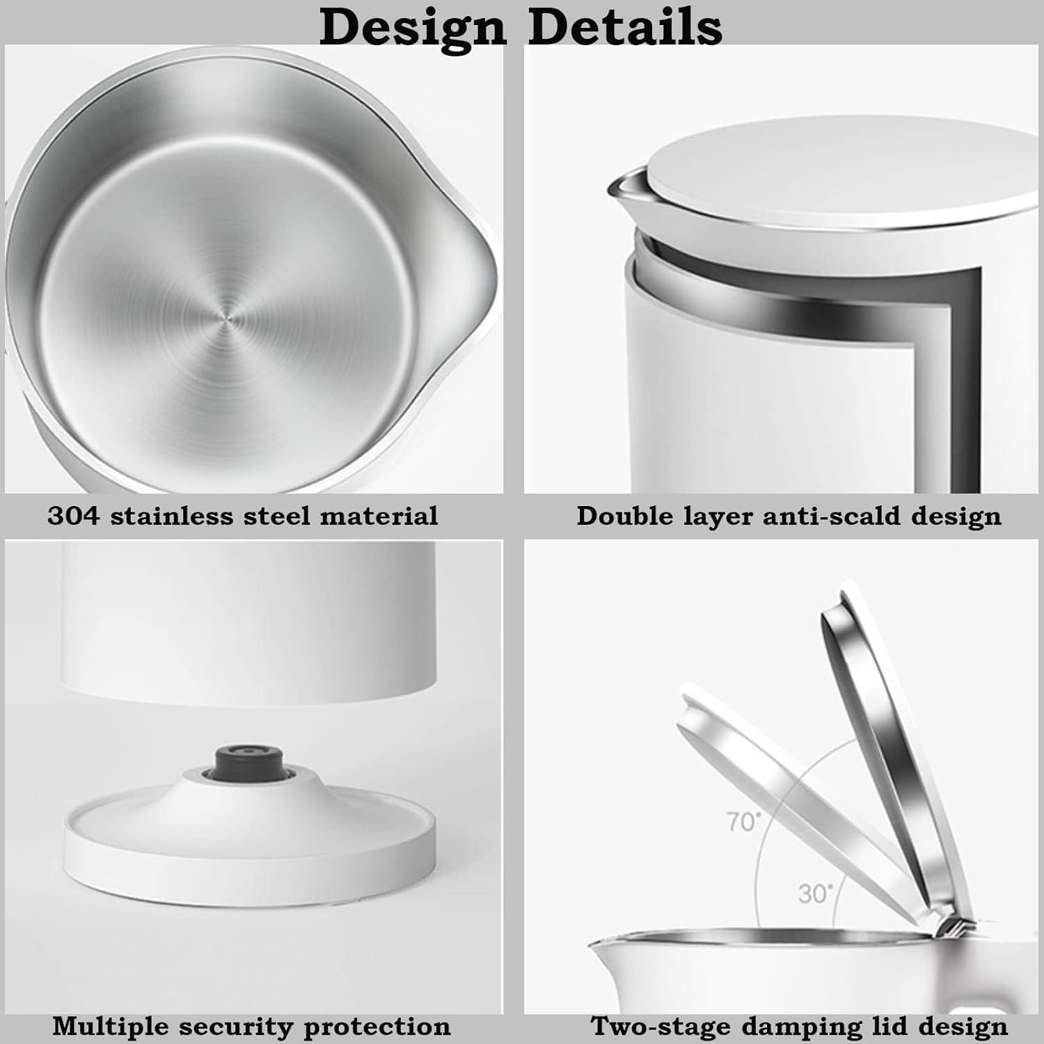 XIAO MI MIJIA Electric Kettle 2, 304 Stainless Steel Interior, Bpa-Free, Double Wall 1.7L Hot Water Boiler, 1800W Tea Kettle with Auto Shut-Off & Boil Dry Protection, White image number 3