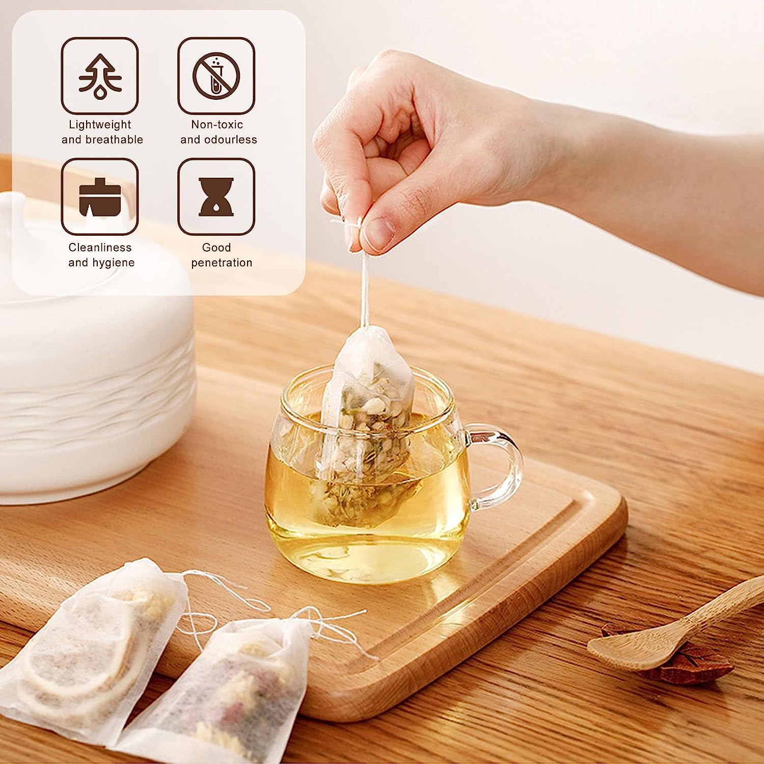 300 Pcs Tea Filter Bags, YEESON Disposable Empty Tea Bags White Cotton Drawstring Sealed Filter Tea Bags for Tea, Coffee, Herbs, Spices, Soup Flavour Packs Etc Plain Fine Fabric Drawstring Ba image number 5