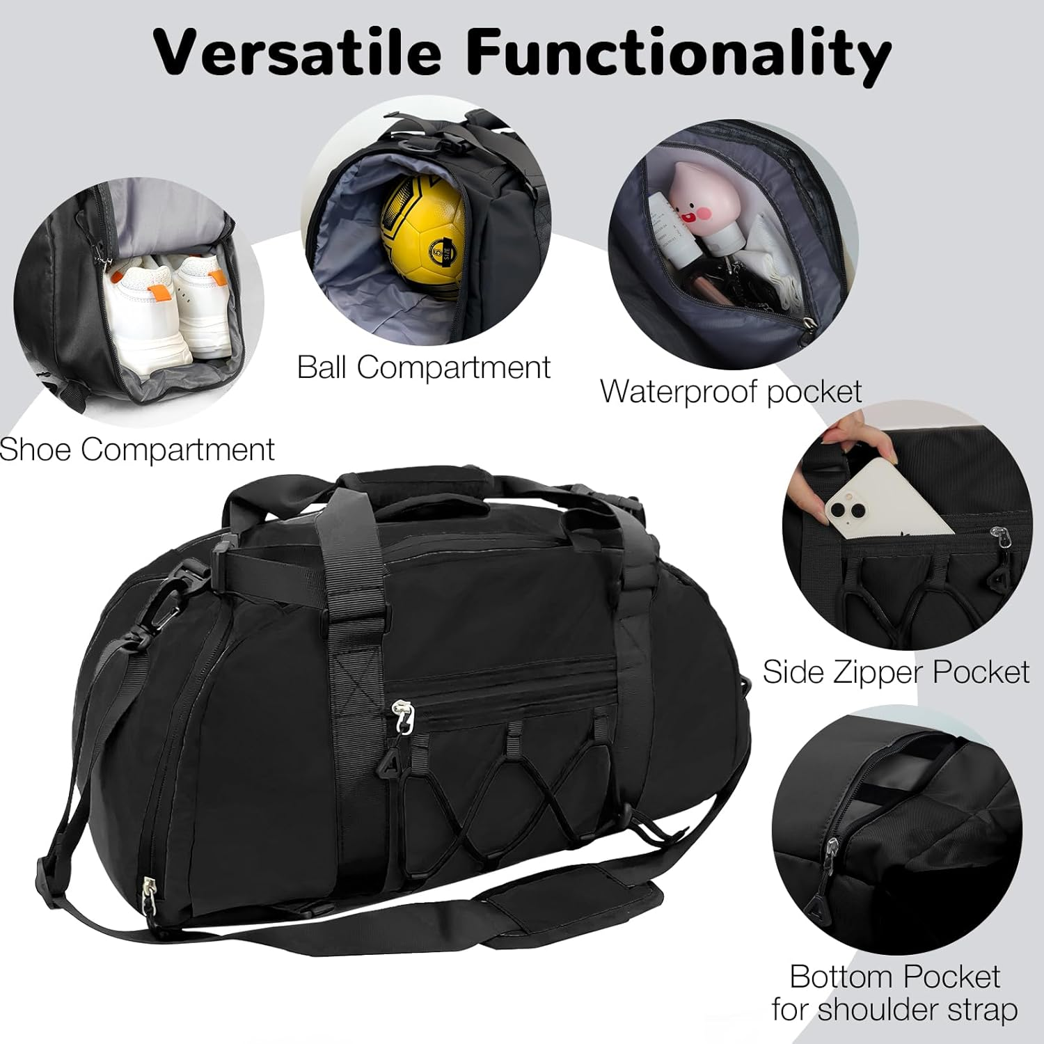Outplea Sports Bag with Shoe Compartment, Waterproof Sports Backpack Large Men Women Training Bag Travel Gym Duffle Bag Fitness Bag, Black image number 3