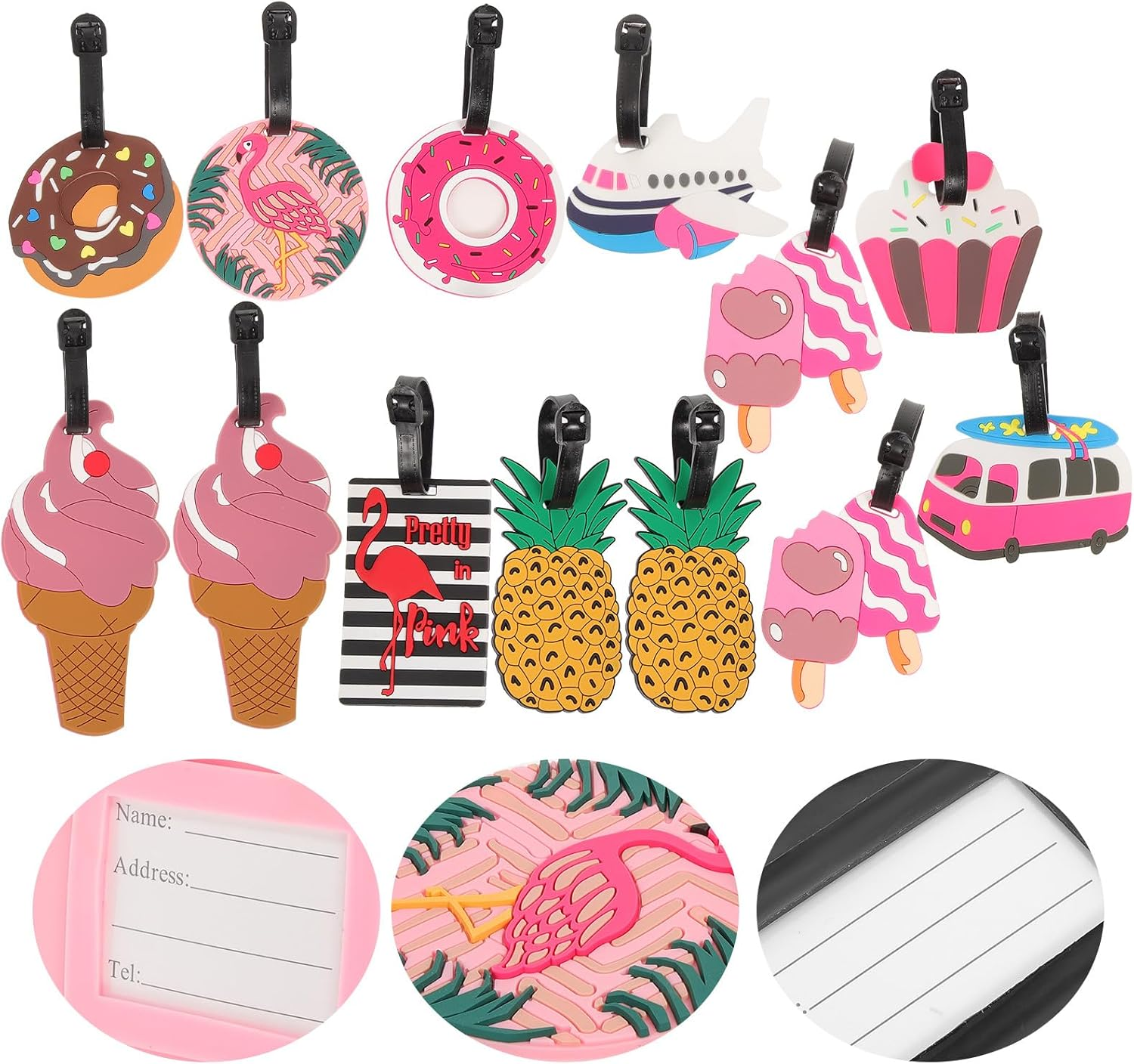 Bestonzon 10Pcs Funny Luggage Tags Set for Suitcases Cute Cartoon Baggage Tags with Flamingo Donuts and Ice Cream Design Travel Suitcase Identification for Women Boys and Girls image number 6