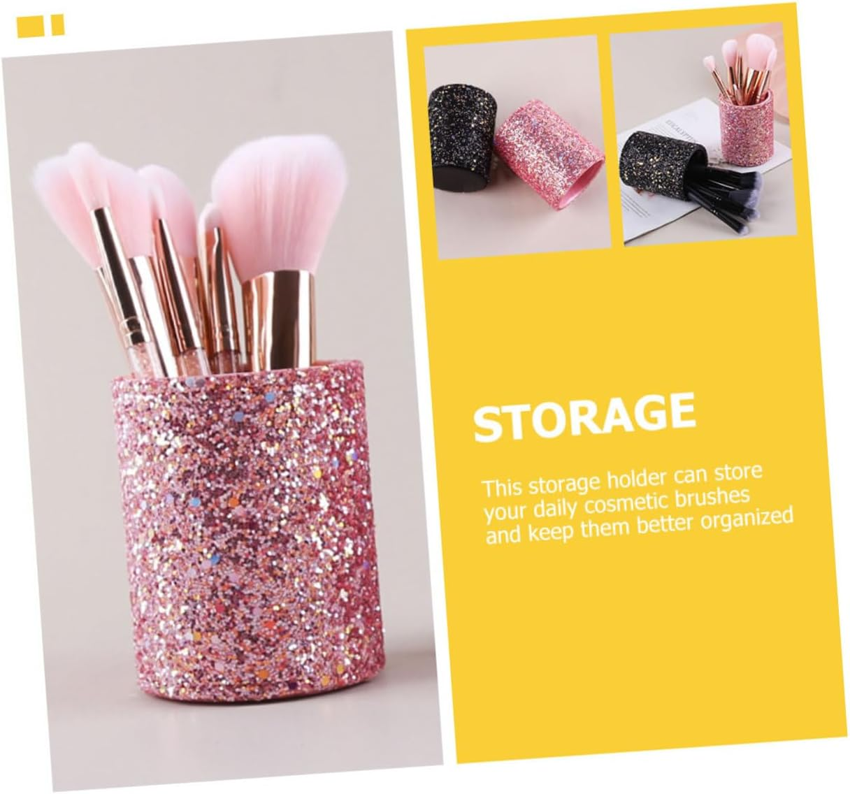 Mikinona Makeup Brush Storage Bucket Makeup Stand Organizer Metal Trim Pink Cup Holder for Dressing Table Pen Holder Decorative Bedroom Bathroom - Pink image number 6