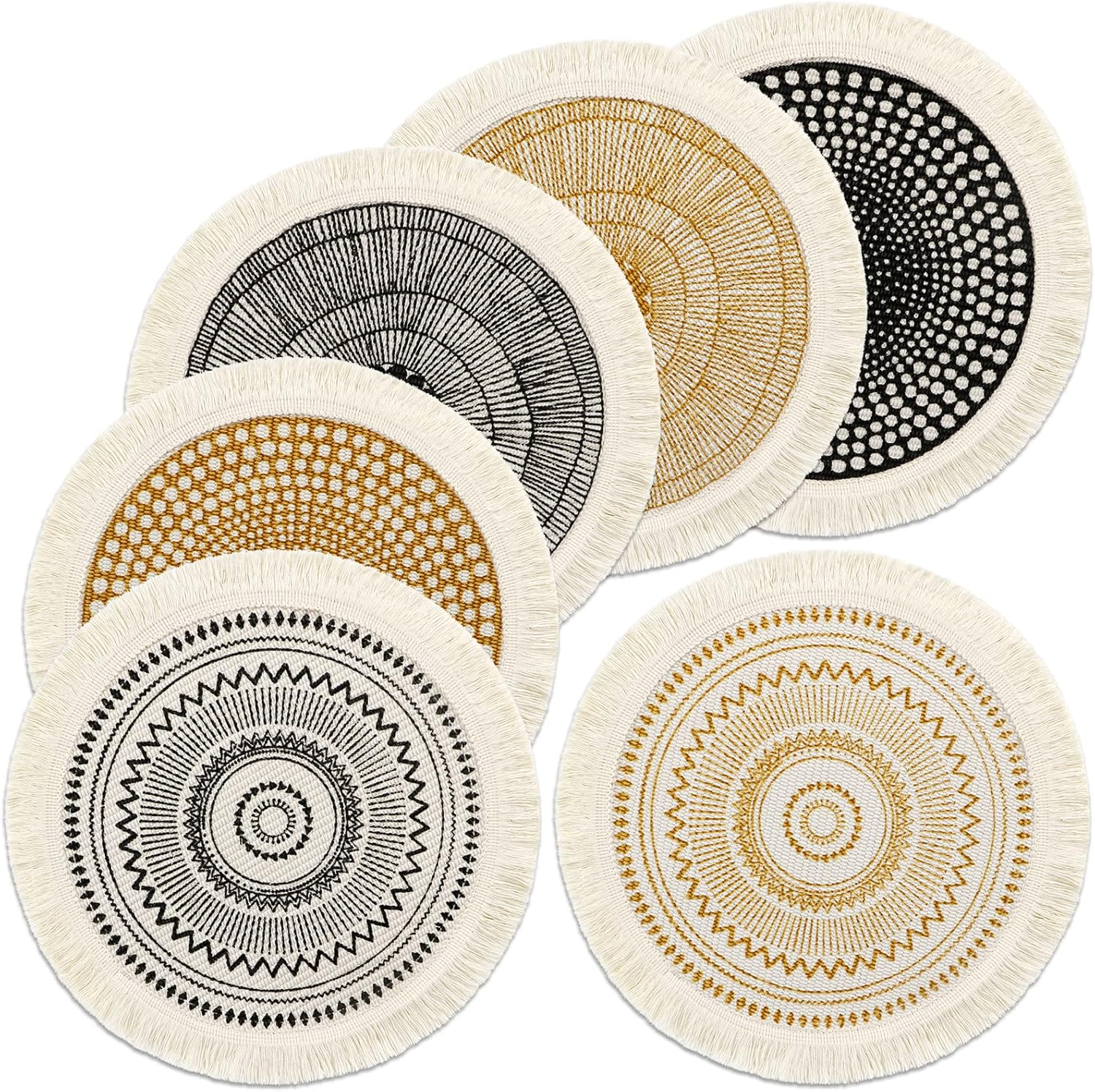 LOMOHOO Set of 6 round Placemats 13 Inch Table Mats Boho Cotton Woven Mandala Tassels Heat Proof Washable Circle Place Mat for Kitchen Dining Wedding Farmhouse Home Decoration