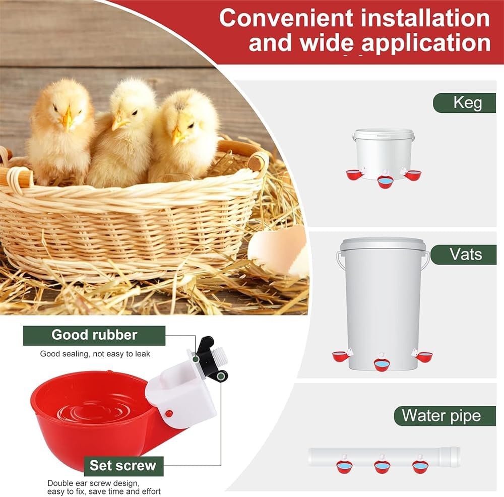 8-Pack Automatic Chicken Waterer Cups &ndash; Large Poultry Water Feeder with Tee Fittings for Ducks, Chicks, Turkeys, Geese, Bunnies & Birds (Red) image number 4