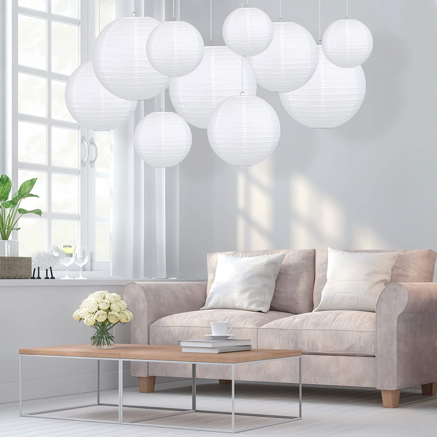 GWHOLE 6'' 8'' 10'' 12'' Paper Lanterns round Hanging Lamp Shade Lanterns - White (10 PCS) image number 1