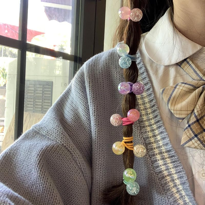 14Pcs Girl Double Balls Elastic Ponytail Holders, Large round Twin Bead Hair Ties, Bright Multicolored Bauble Hair Elastics for Toddler Kids, Value Pack for Stylish and Secure Hairstyles