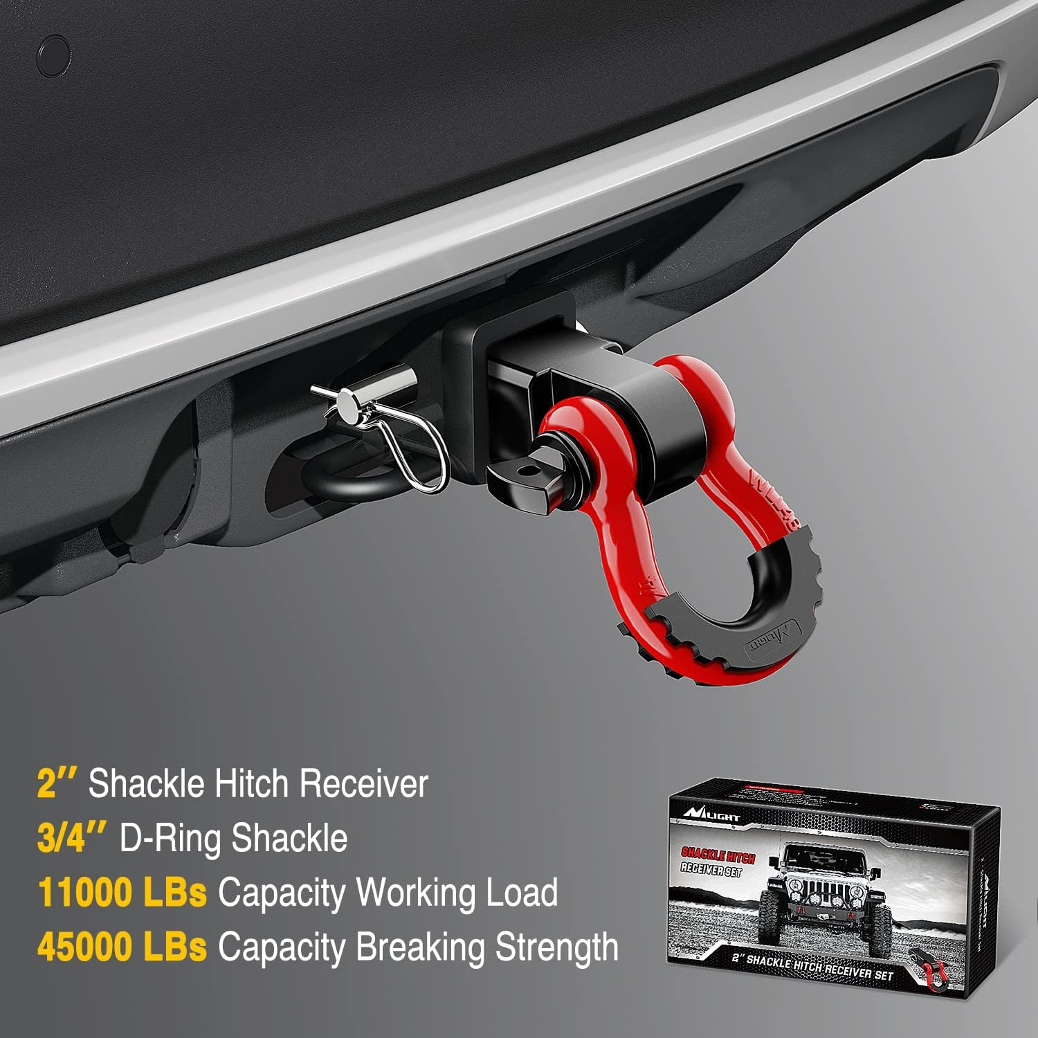 Nilight Shackle Hitch Receiver 2Inch 45000 Lbs Breaking Strength 3/4" D Ring Shackle W/Trailer Hitch Pin Heavy Duty Solid Recovery Towing Kit for Trucks Jeeps Off-Road - Black image number 5