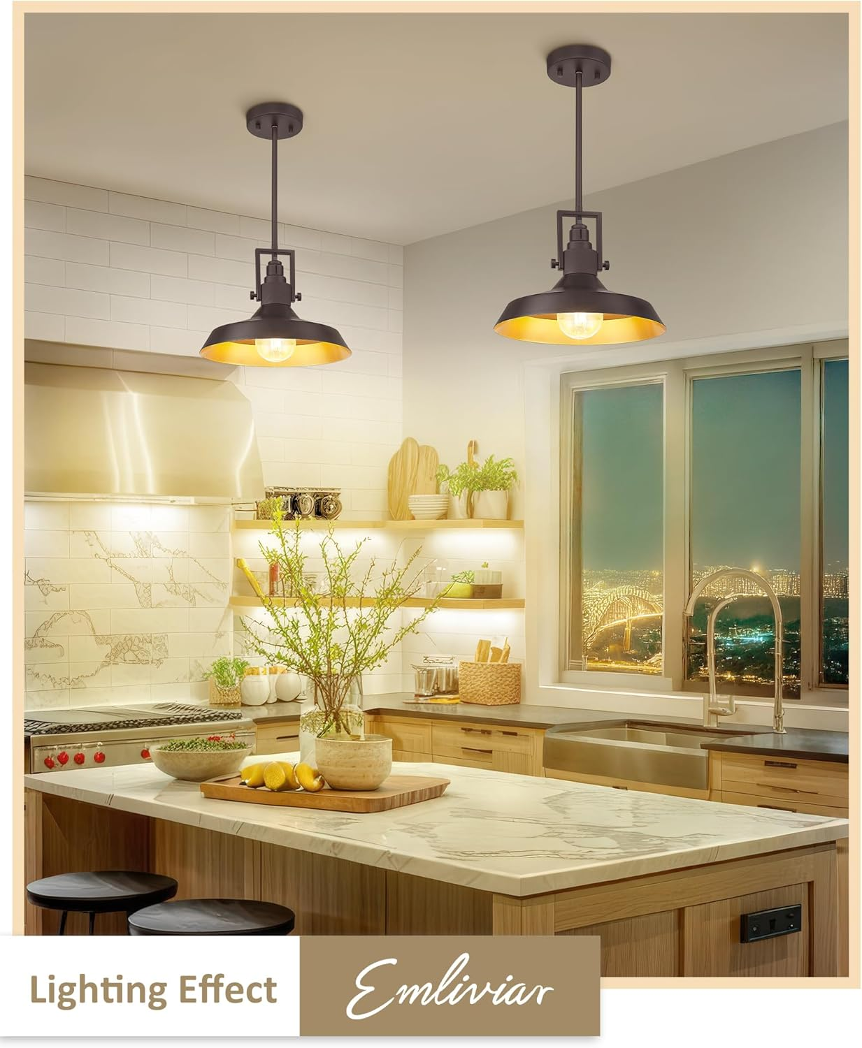 EMLIVIAR 2 Pack Farmhouse Hanging Lamps, 11.6" Pendant Lighting Fixtures with Dome Metal Shade for Kitchen Bedroom, Oil Rubbed Bronze Finish, AUJX18-MIL-2PK ORB - Gold - 1 Pack image number 4