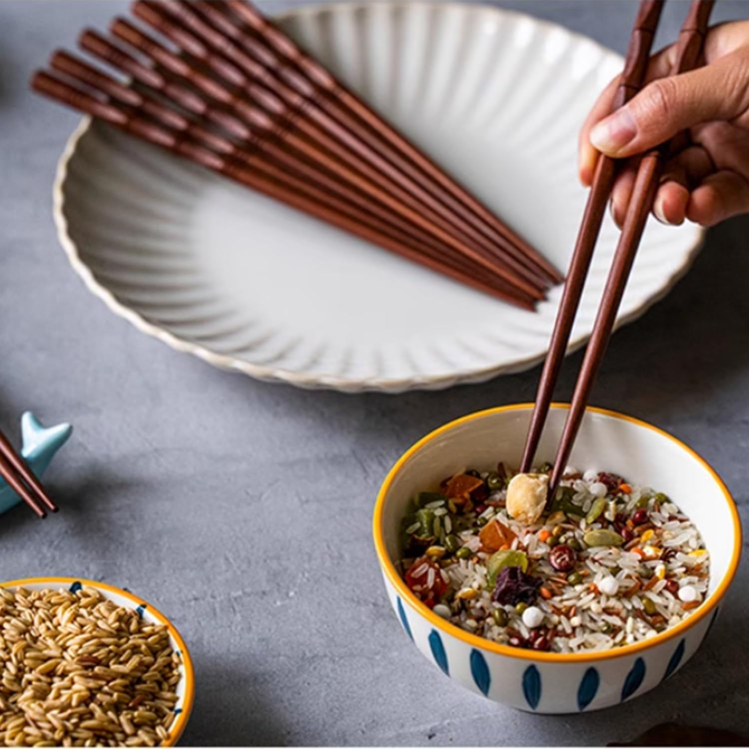 5 Pairs of Reusable Natural Wood Chopsticks, Handcrafted Rosewood Chopstick Gift Set, Dishwasher Safe, 8.8 Inches/22.5Cm image number 5