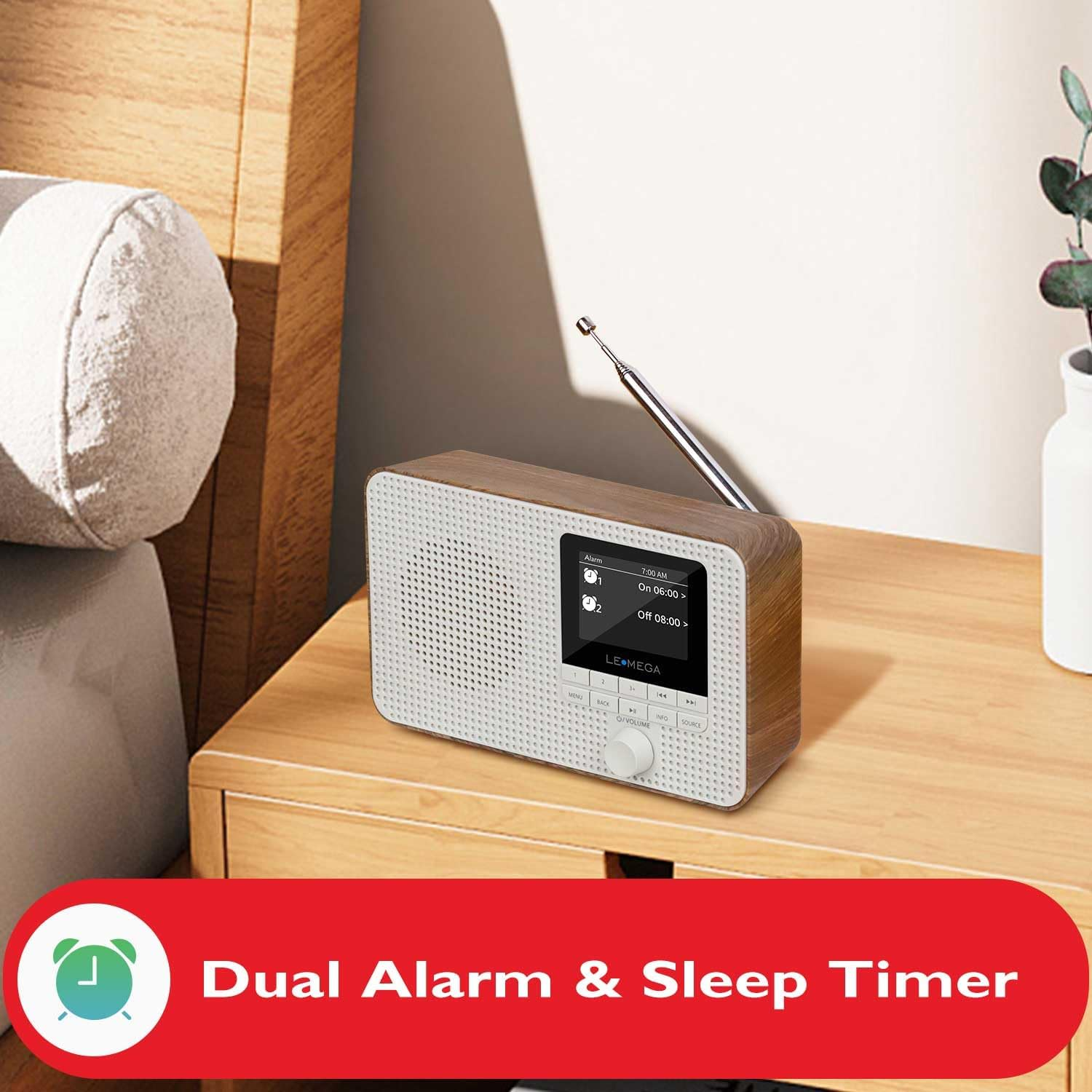 LEMEGA IR1 Portable Internet Radio,Fm Digital Radio,Wifi,Bluetooth,Dual Alarms&Clock,Kitchen/Sleep/Snooze Timer,40 Pre-Sets,Headphones Output,Colour Screen,Mains Powered and AA Batteries - Walnut