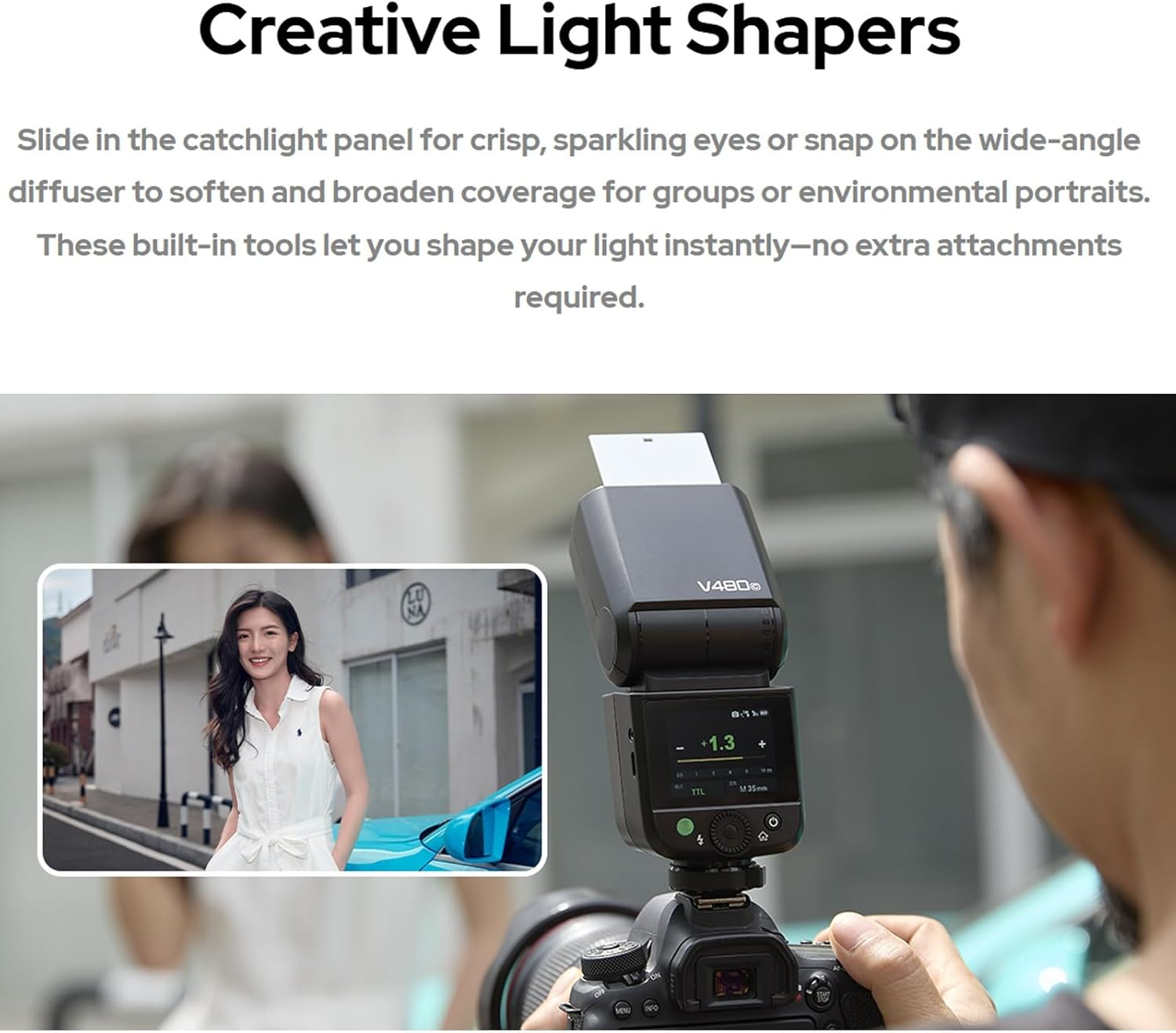 Godox V480-O TTL Flash for Olympus Panasonic Cameras, GN50 1/8000 HSS, 650 Full Power Flash, 1.7S Recycle Time, 2.4G Wireless, Built-In Modeling Light, Li-Ion Battery Touchscreen Speedlight (V480O) image number 1