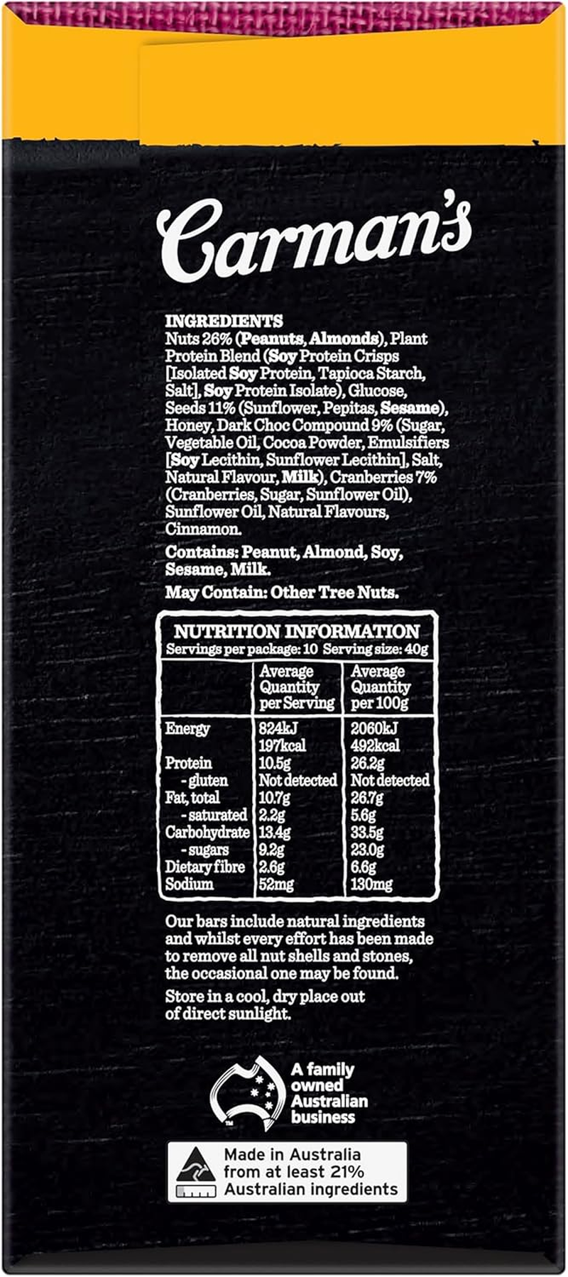 Carman'S Dark Choc & Cranberry Protein Bar Value Pack 10X40G image number 3