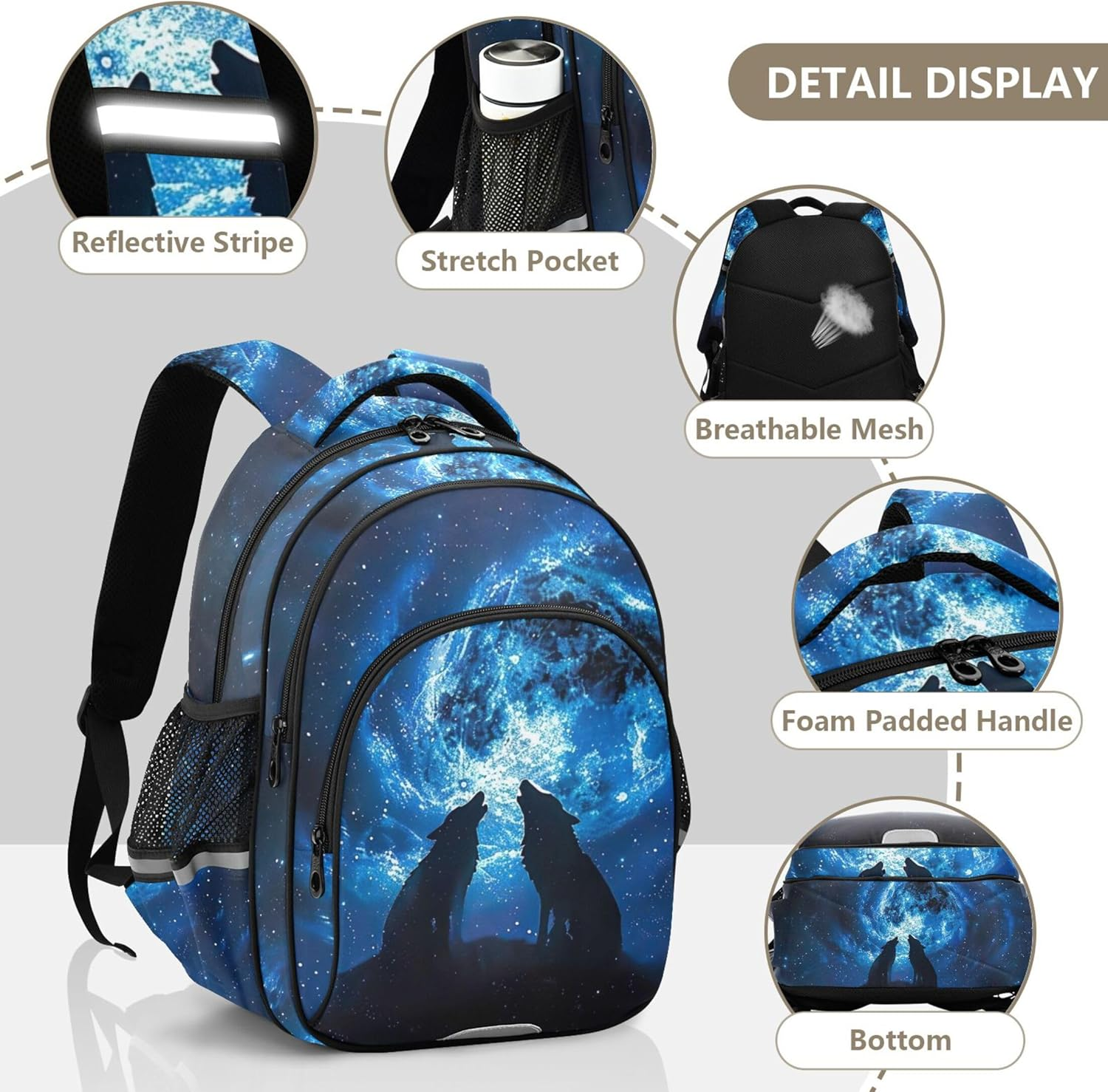 Wolves Howling Moon Night Kids Backpack Girls Boys Custom School Bag Lightweight Bookbag Animal Print image number 5