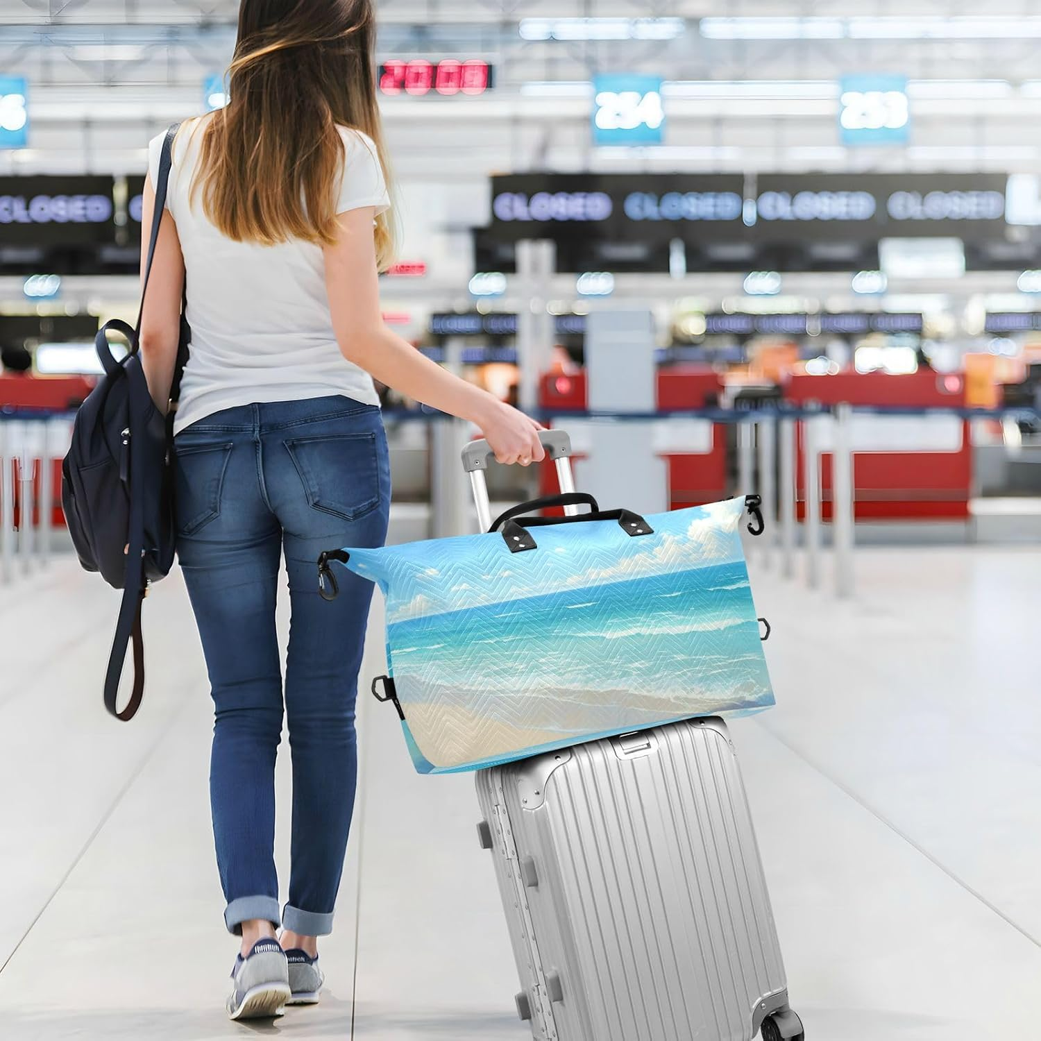 Summer Beach Blue Waves Travel Bag Carry on Shoulder Weekend Tote Sports Duffel Bags with Adjustable Strap for Sports Large Capacity, Summer Beach Blue Waves, 1 Size image number 2