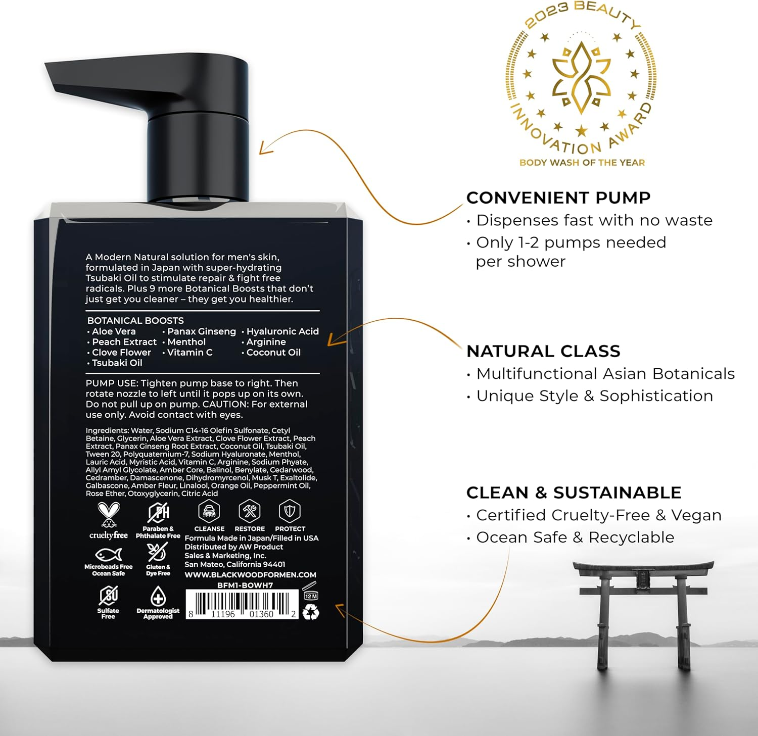 Blackwood for Men Pure Moisture Body Wash W/Pump | Men&rsquo;S Natural Gel Body Wash |Sulfate-Free for Dry Sensitive Skin | Ginseng + Cooling Menthol for Workout Recovery image number 2