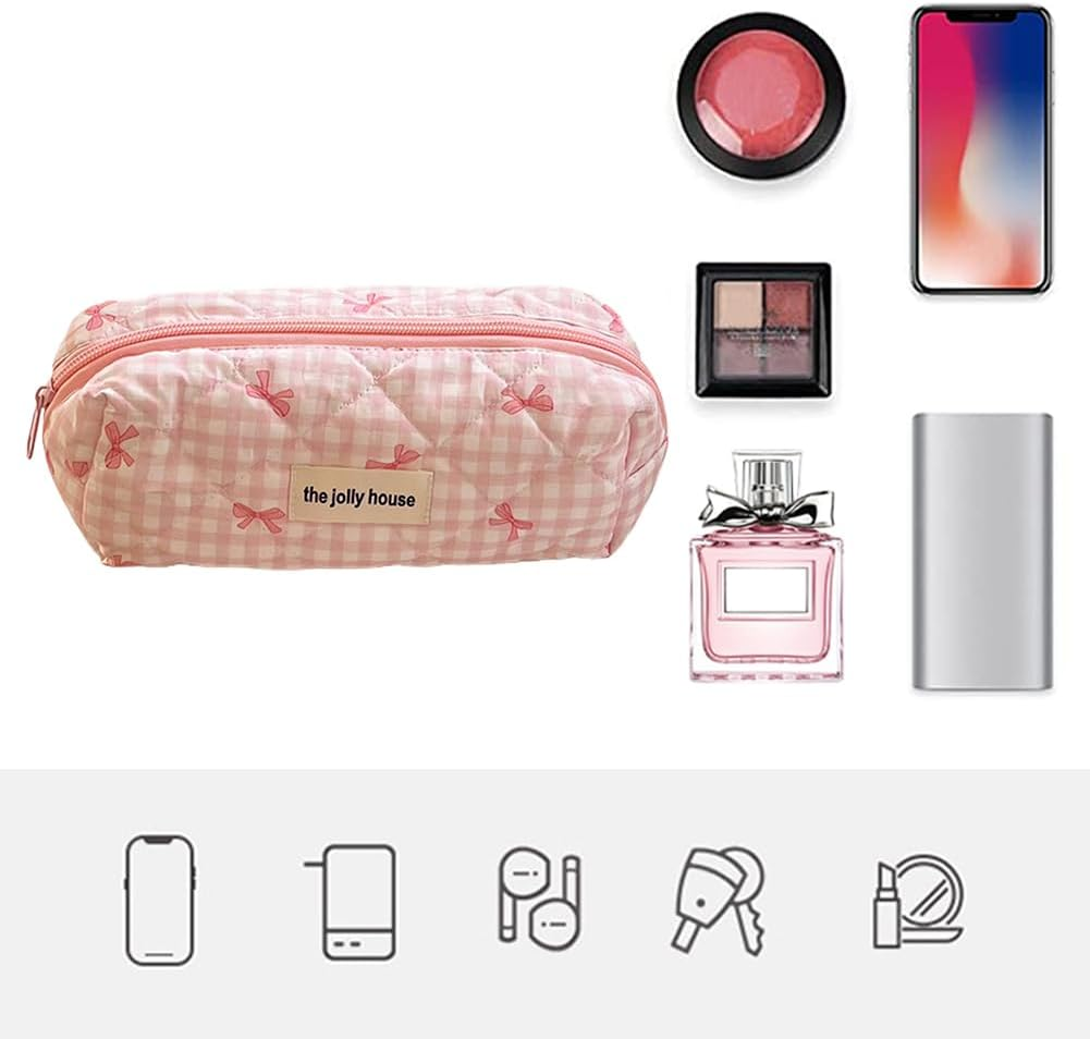 AZURAOKEY Quilted Makeup Bag Pink Bows Cosmetic Bag for Women Quilted Cotton Makeup Bag Set, Portable Coquette Aesthetic Toiletry Bag with Zipper, Cute Bows Travel Toilet Bag, Pink, S, Fashion image number 5