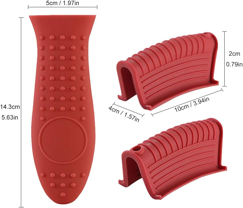 3 Pcs Silicone Assist Hot Pan Handle Holder, Non-Slip Pot Holder Sleeve, Kitchen Household Cast Iron Skillet Insulated Handle Cover for Frying Pans, Griddles(Red)