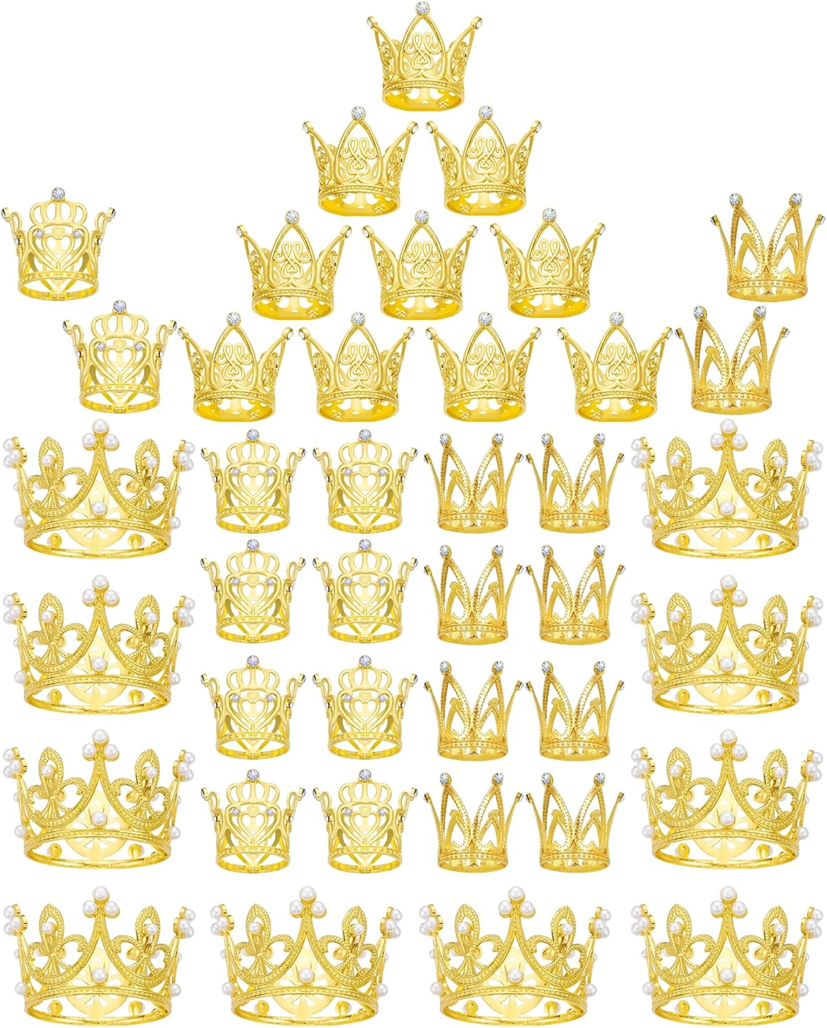 Benvo 40 Pcs Gold Crown Cake Topper Pearl Rhinestone Mini Crowns Small Diamond Tiaras for Flower Bouquet Cupcake Centerpieces Decoration of Girl Lady Bridal Wedding Birthday Party, 4 Crown Designs image number 5