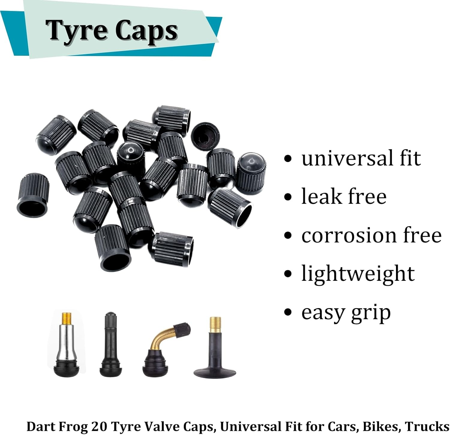 Dart Frog 20 Tyre Valve Caps, Universal Fit for Cars, Bikes, Trucks image number 1