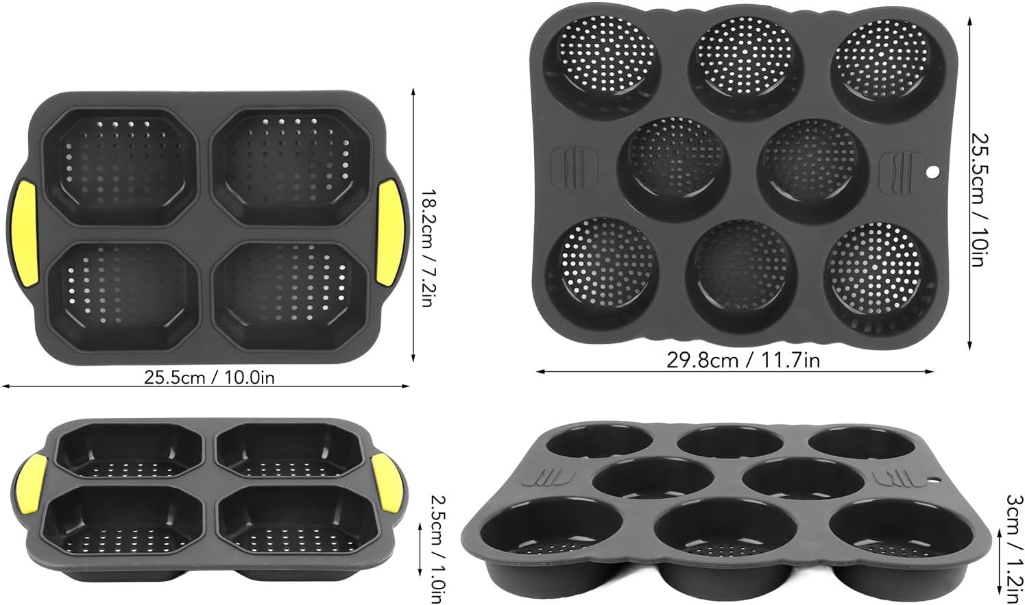 8 Cavity Hamburger Bread Pan and 4 Cavity Baguette Pan, Silicone Hamburger Buns, Non Stick Baking Pan, Perforated Design, Heat Circulation, Easy Release, Black image number 3