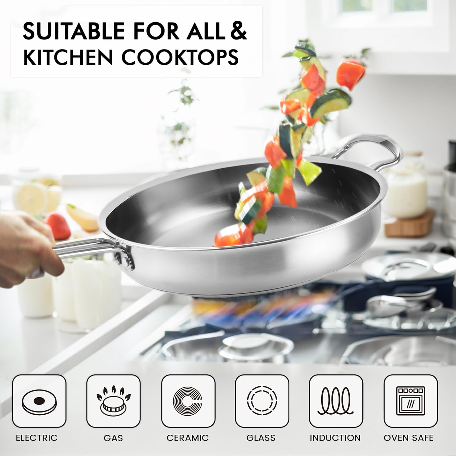 ASKSCICI 10-Piece Stainless Steel Cookware Set: Premium Kitchen Pots and Pans Set with Ergonomic Handles, Induction Compatible - Includes Saucepans, Skillets, Dutch Oven, Stockpot, Steamer, and More image number 3