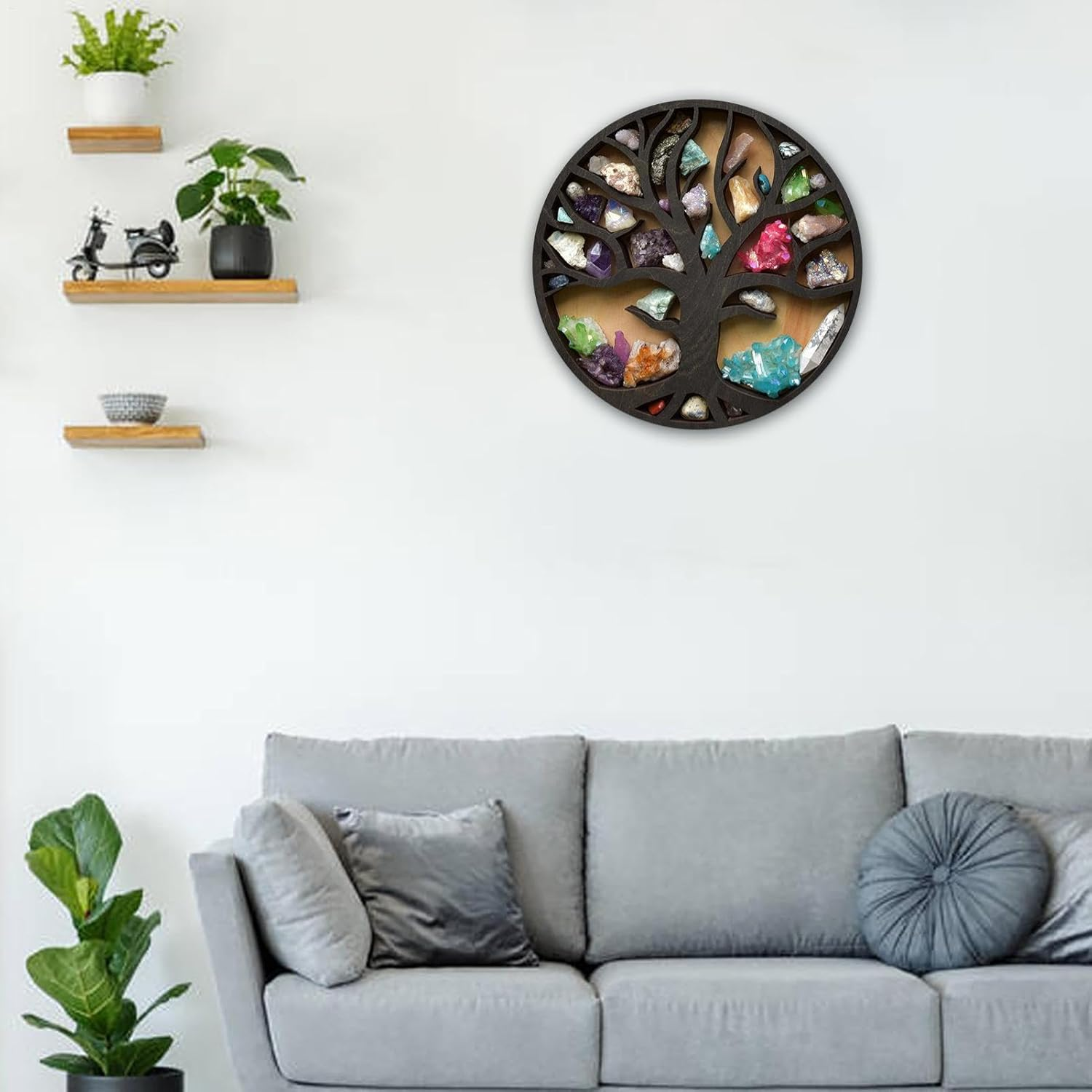 Crystal Display Shelf Wall &ndash; Tree Life Holders Bedroom, Gym Rustic Wooden, Crystals Stones Oils | Wall Holders Bedroom, Gym Rustic Wooden Crystals, O