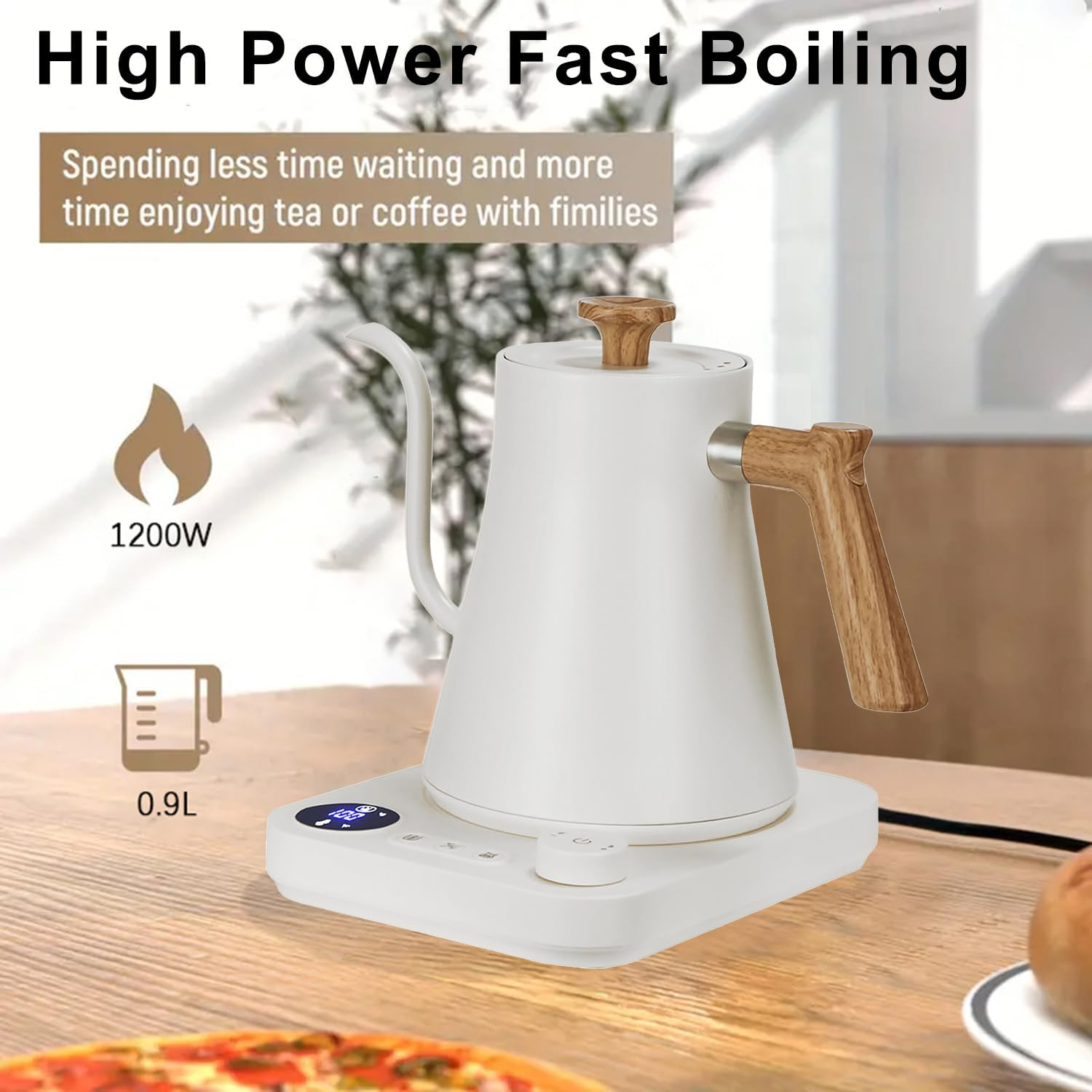 Electric Gooseneck Kettle 0.9L with LCD Display, 304 Stainless Steel Pour-Over Coffee & Tea Hot Water Boiler, Automatic Temperature Control, 1200W Quick Heating Tea Pot White image number 2