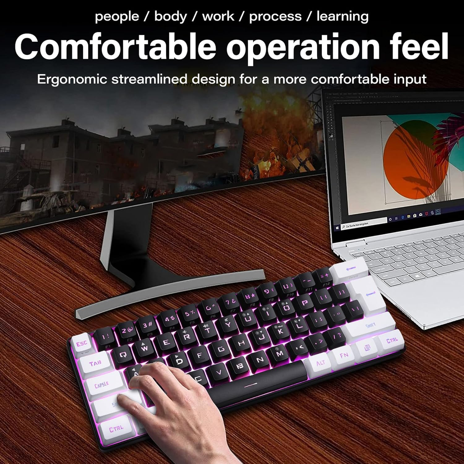 Keyboard Mini 60% Small Gaming Keyboard, RGB Backlit 61 Keys, Ergonomic Mechanical Feeling Wired Gaming Keyboard for Gaming and Working (Black) - White image number 2