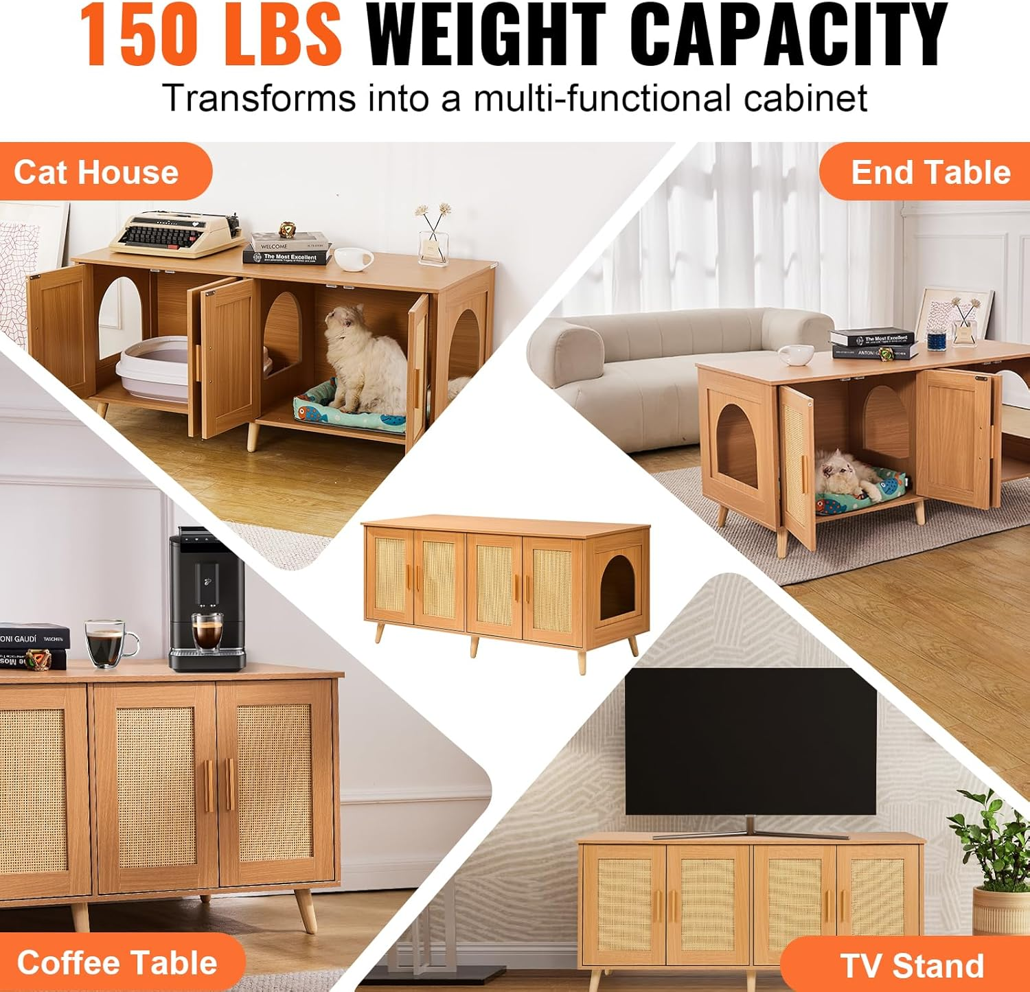 VEVOR Cat Litter Box Enclosure for 2 Cats, Litter Box Furniture Hidden with Rattan Decorated Doors, Wooden Cat Box Cabinet Fit Most of Litter Box, 47.2" L X 19.7" W X 21.7" H, Natural image number 5