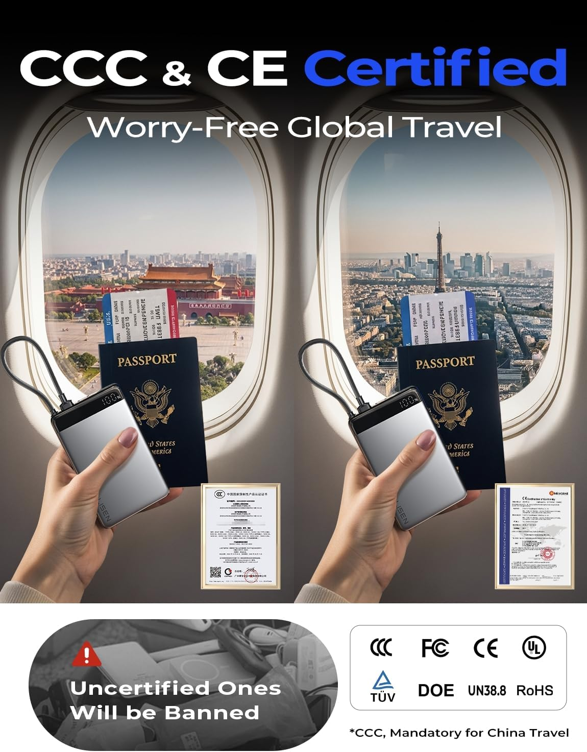 LISEN CCC Certified Power Bank 22.5W Portable Charger, Alloy 0.5" Ultra Slim Powerbank Travel Essentials, Battery Bank with Built-In USB C Cable, 10000Mah Portable Charger for Iphone 17 Pro Max 16 15 image number 4