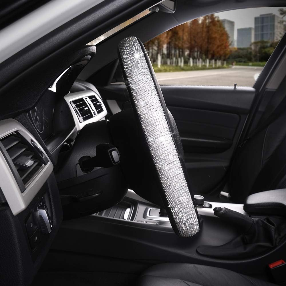 TOYOUN Bling Crystal Car Steering Wheel Covers, Universal Fit Glitter Leather Car Interior Steering Wheels Accessories for Women Girls Ladies(Gold/Silver) Silver - Pink image number 2