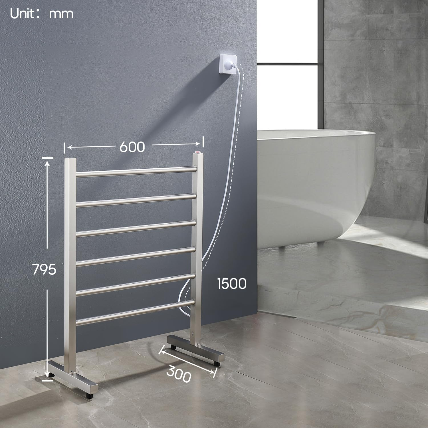 Decaura 6-Bar Freestanding Heated Towel Rail, Electric Towel Warmer with Square Tube Design, IP55 Waterproof, Stainless Steel, 600Wx795Hx300D Mm
