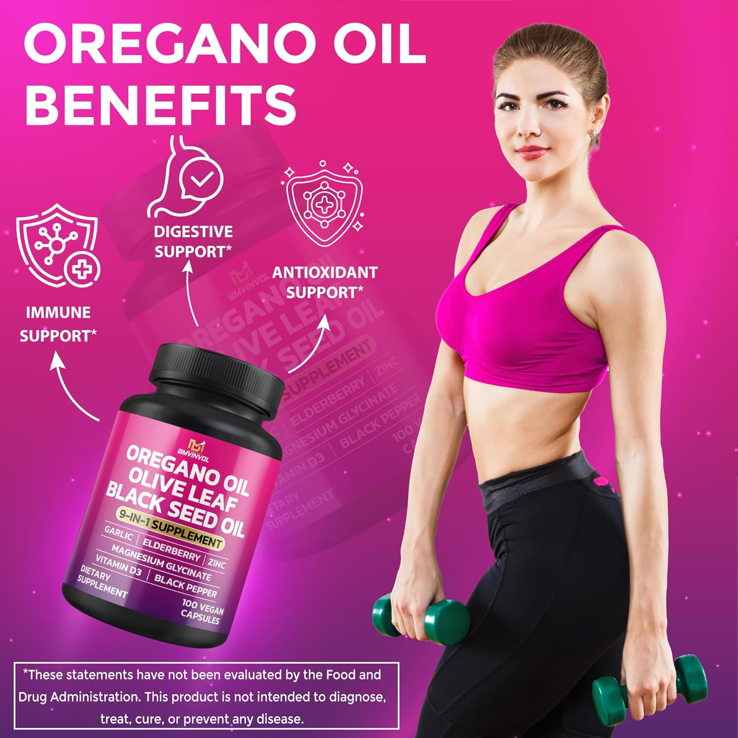 BMVINVOL Oregano 12000Mg Garlic 2000Mg Olive Leaf 500Mg Black Seed 2000Mg + 5 More - Immune Support & Digestive Health Supplement for Women and Men - 100 Capsules image number 3