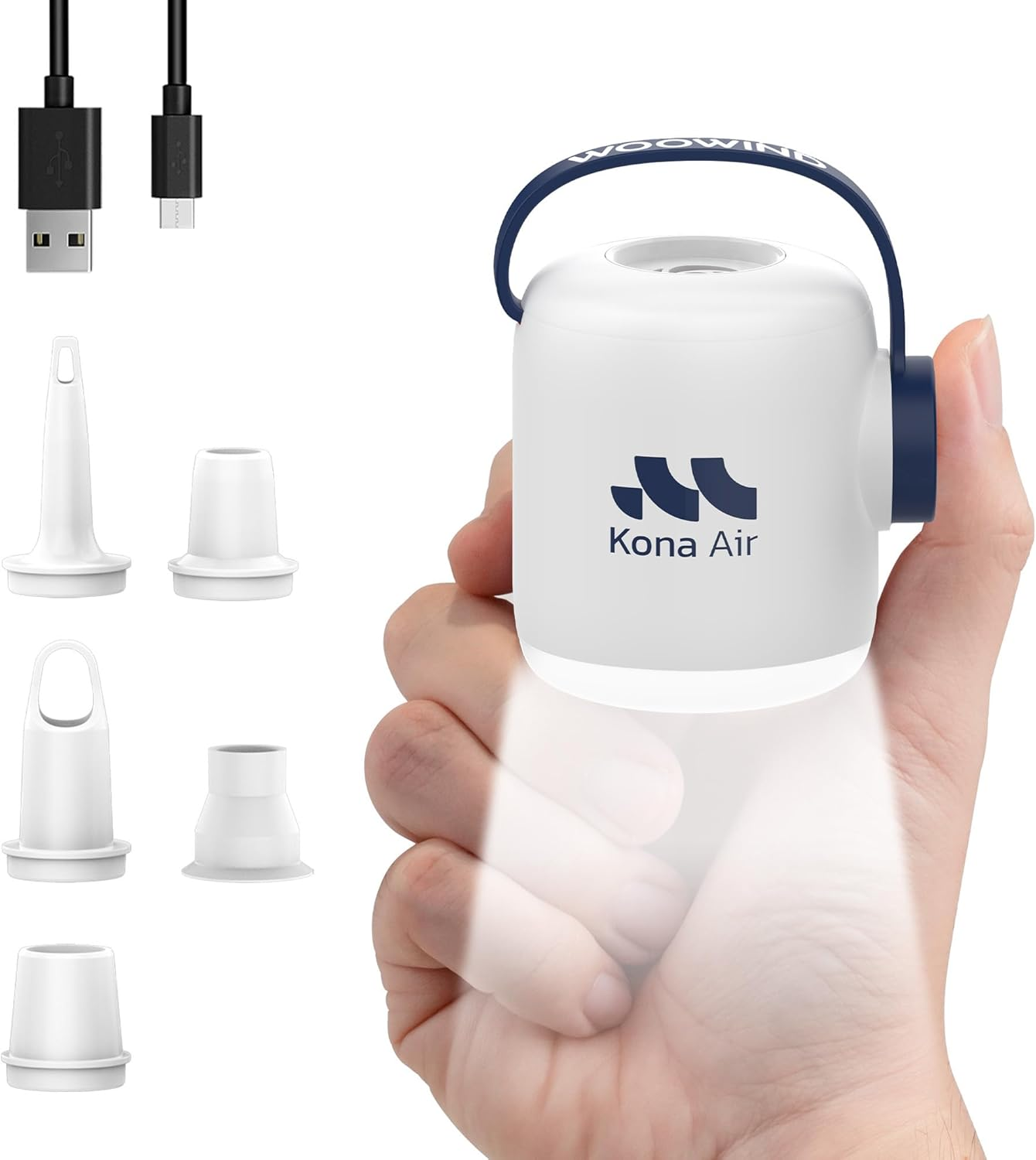 Woowind Kona Air Mattress Pump &ndash; Mini Air Pump for Inflatables, Cordless & Rechargeable, 200L/Min Flow, Inflates/Deflates Beds, Floats, Tents, with 10-Hour LED Light, Ultra-Portable Palm-Size