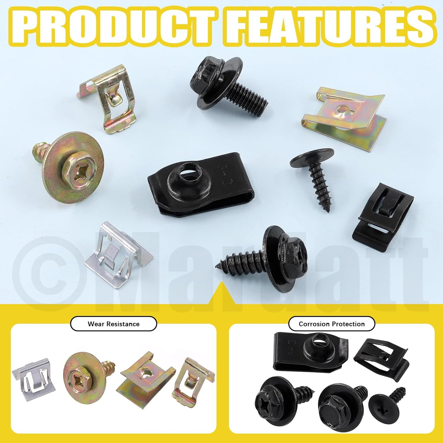 Mardatt 72Pcs Engine under Cover Body Bolts Screws, Metal Trim Panel Spring Clips and U-Clip Kit, Auto Car Splash Shield Guard Body Bolts Fastener with Screws U-Nuts Trim Moulding Clip for Cars