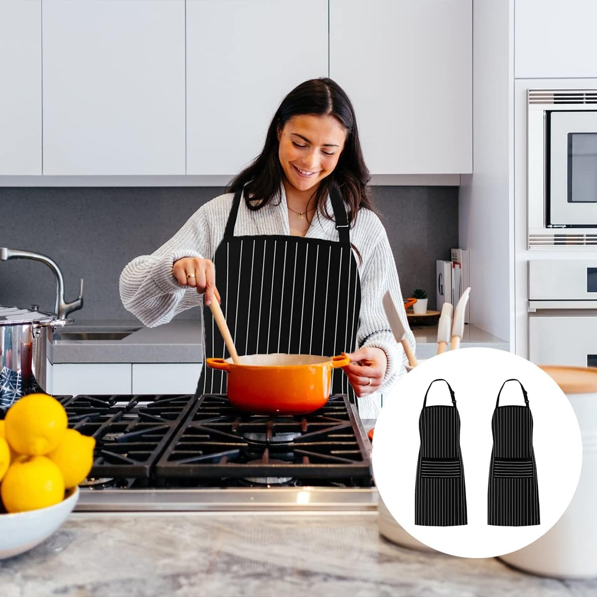 BEZANU Kitchen Cooking Aprons, 2 PCS Unisex Bib Aprons with Pockets for Men, Women, BBQ, Painting, Gardening, Baking (Stripe Style) image number 2