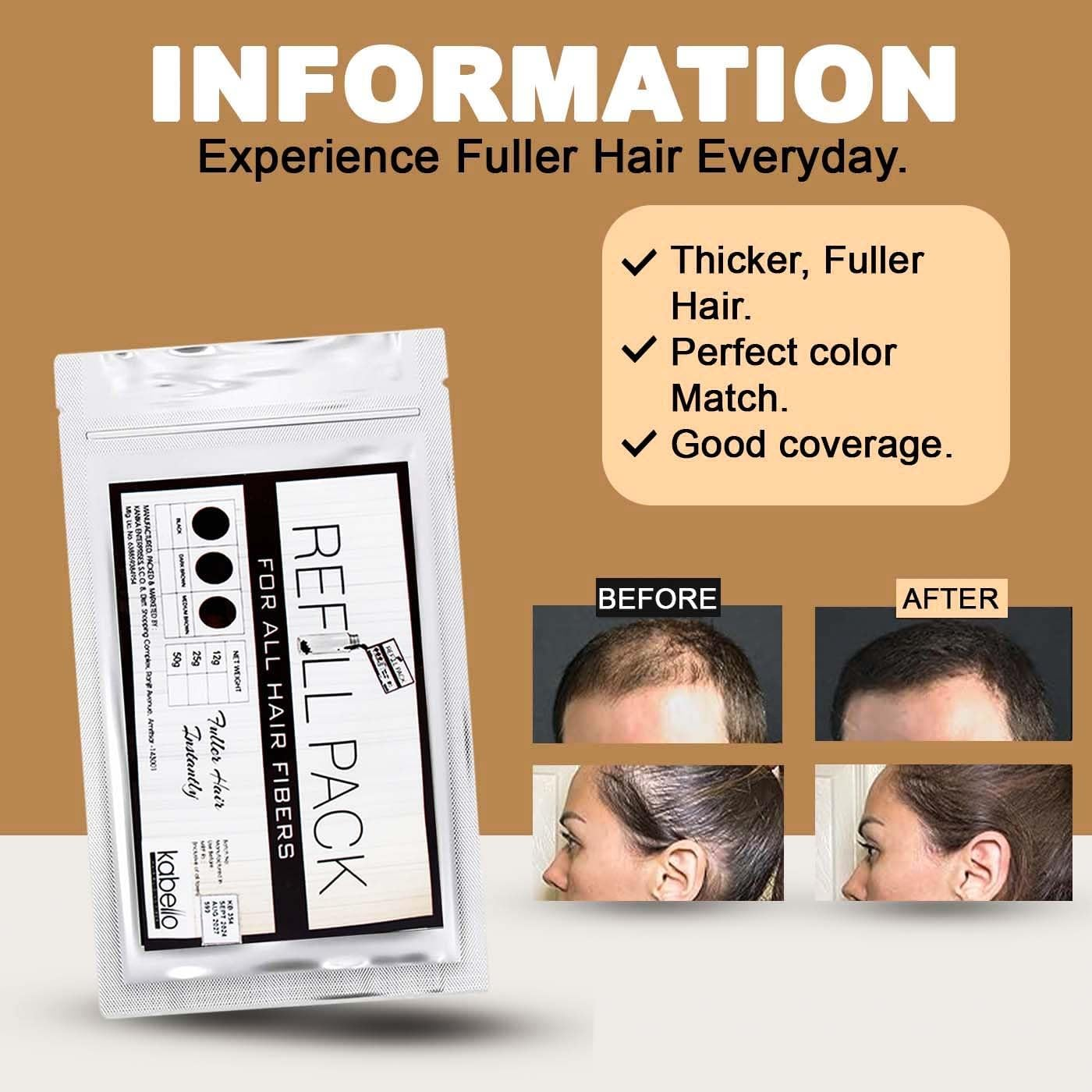 Kabello Hair Building Fiber Refill Pack with Hair Line Comb for Men and Women Fiber 100 Grams Black Pack of 1