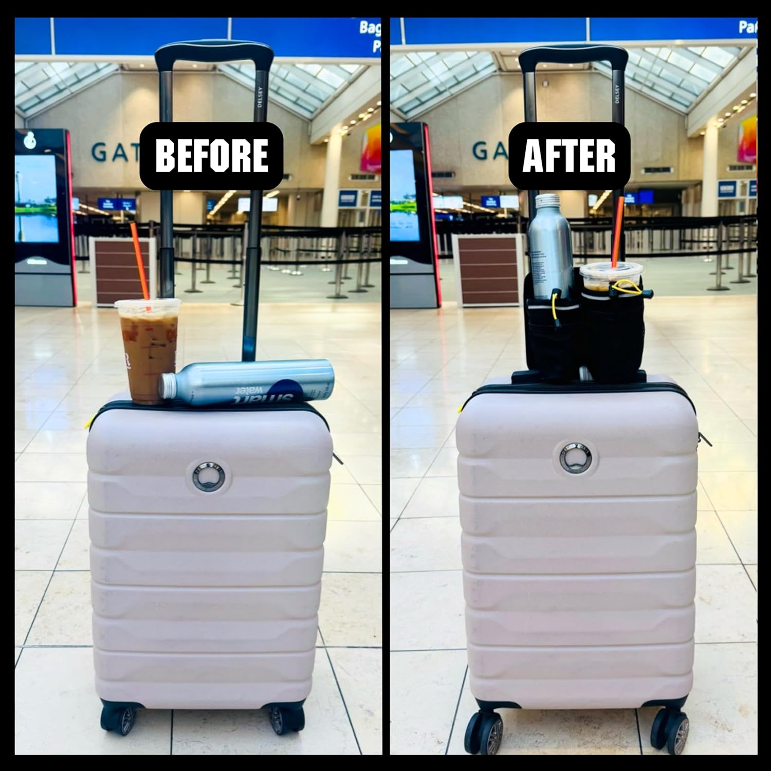 ROBOCUP Travel-Friendly Foldable Dual Drink Holder, Univesal Design for Luggage, Cases and Breifcases with a Telescopic Handle | Storage Pockets, D-Ring, Pen Slot, Reflective Stripe, Hook&Loop Patch