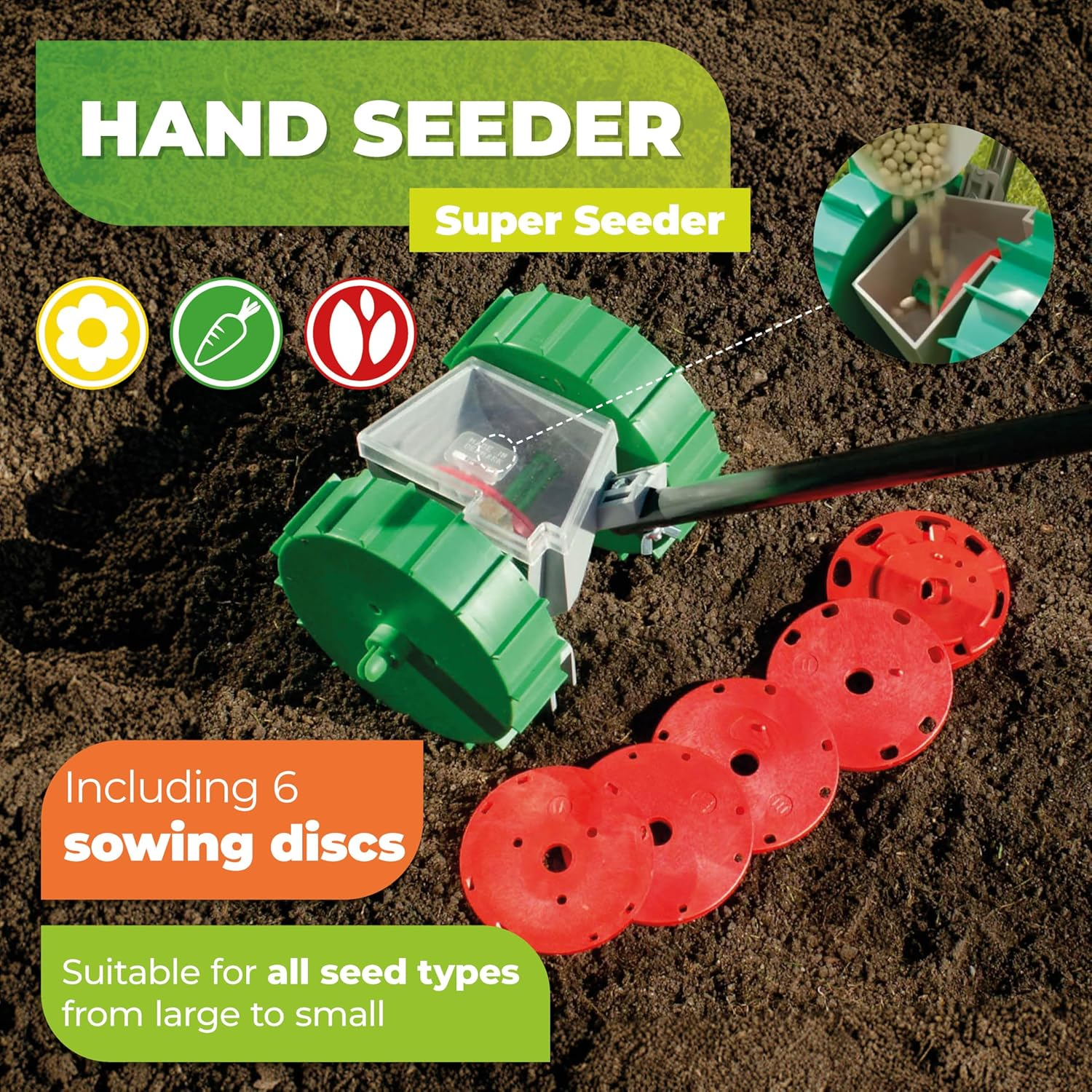 Bio Green Ergonomic Hand Seeder Super Seeder | Incl. 6 Sowing Discs | ABS Plastic & Uv-Proof | Garden Seed Drill | Manually Adjustable Furrow Depth image number 4
