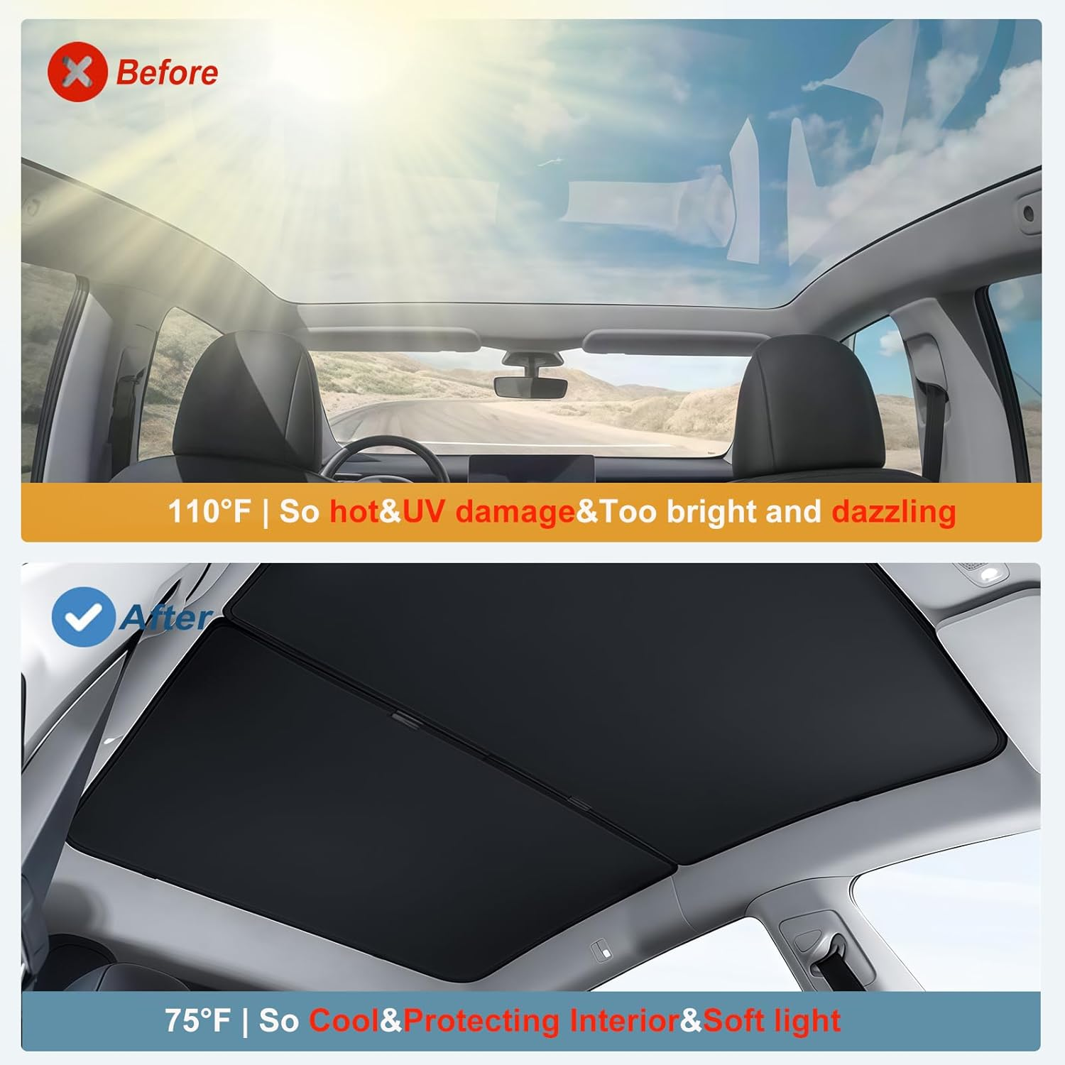 Tesla Model Y Sunshade Roof Cover,Accessories Fit 2025 2026 Tesla Juniper Sun Shade for Panoramic Glass Roof,Dual-Layer UV/IR Reflective Heat-Insulation Car Sunshade,2Pcs (Black) - Gray image number 2