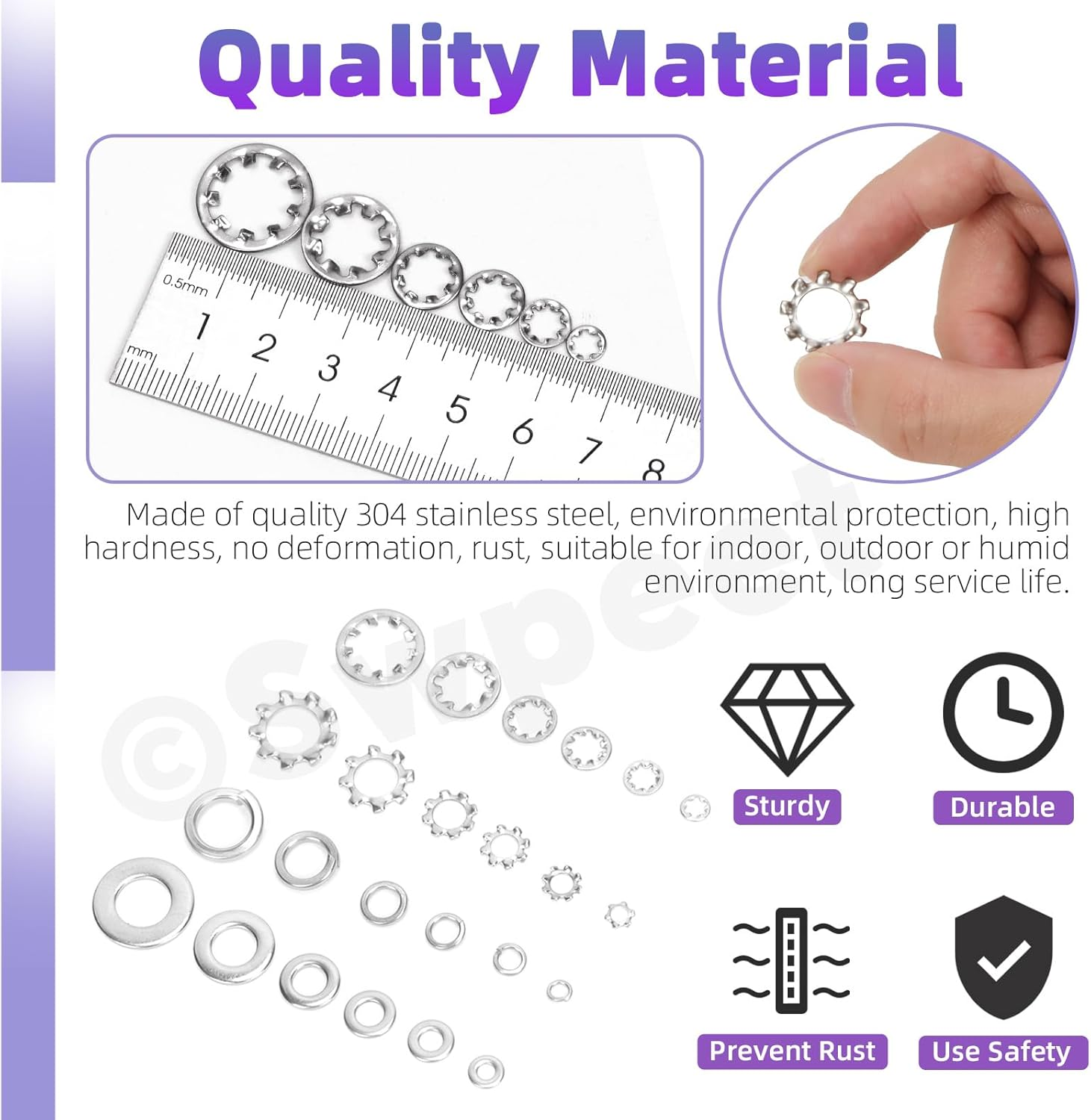Swpeet 400Pcs 4 Styles M3 M4 M5 M6 M8 M10 Stainless Steel Lock Washers Assortment Kit, External Tooth Washers, Internal Tooth Serrated Lock/Split Lock/Flat Washer for Bolts image number 4