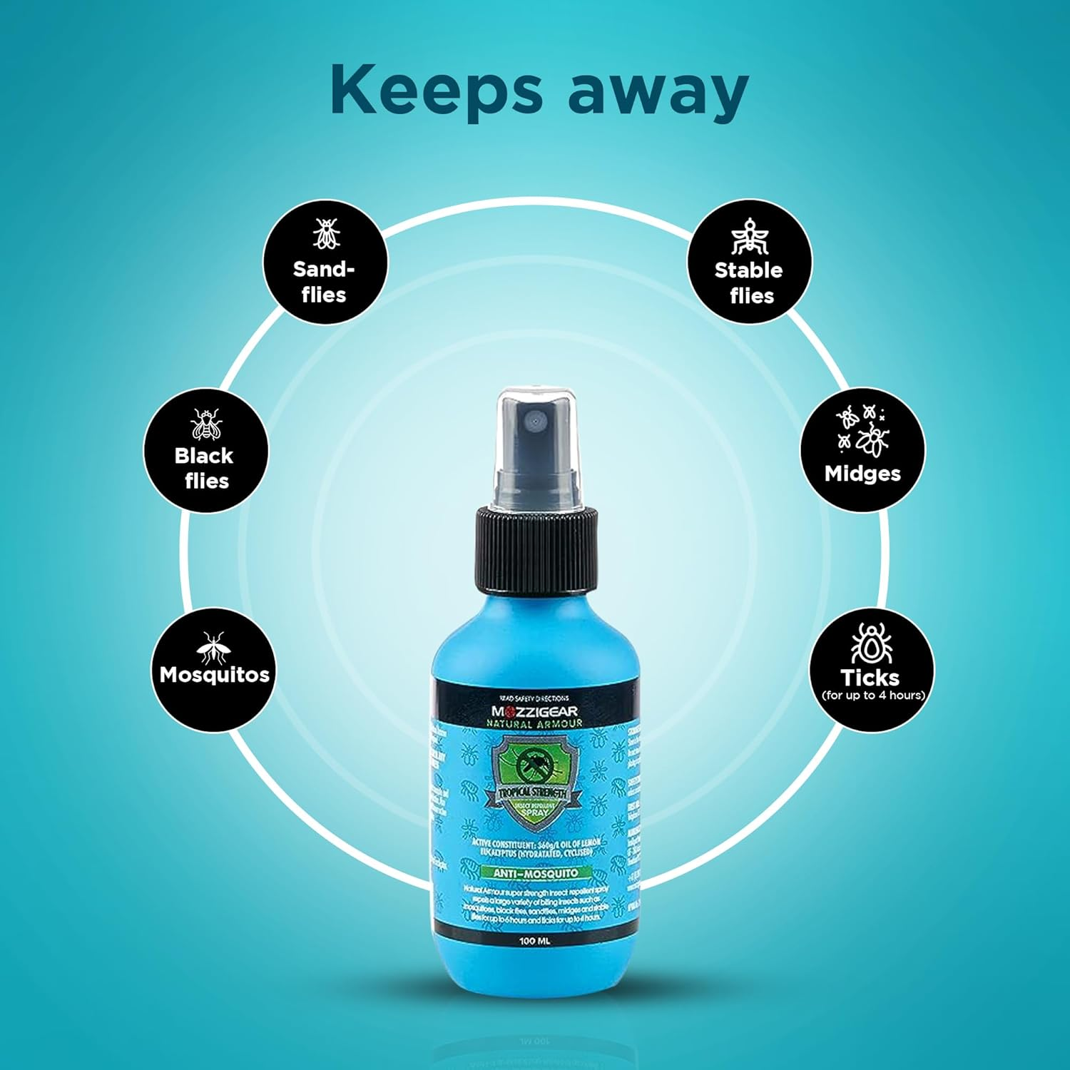 Mozzigear Natural Armour Mosquito Spray 100Ml - Long-Lasting Plant-Based Insect & Bug Spray - Suitable for Family, Kids & Babies - DEET & Chemicals Free - Made in Australia