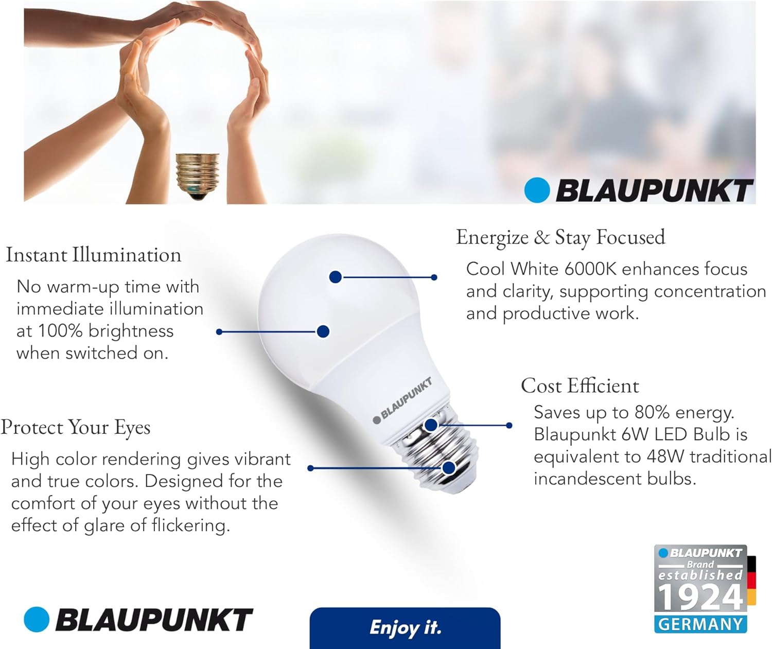 Blaupunkt LED Bulb Classic A60 LED Lamp, E27 Base Screw, 9W, Replaces 80W, Cool White 6000K, Cold Light, Non-Dimmable, 900 Lumen, Light Bulb, Indoor Outdoor, 1 Piece (Pack of 1) image number 1