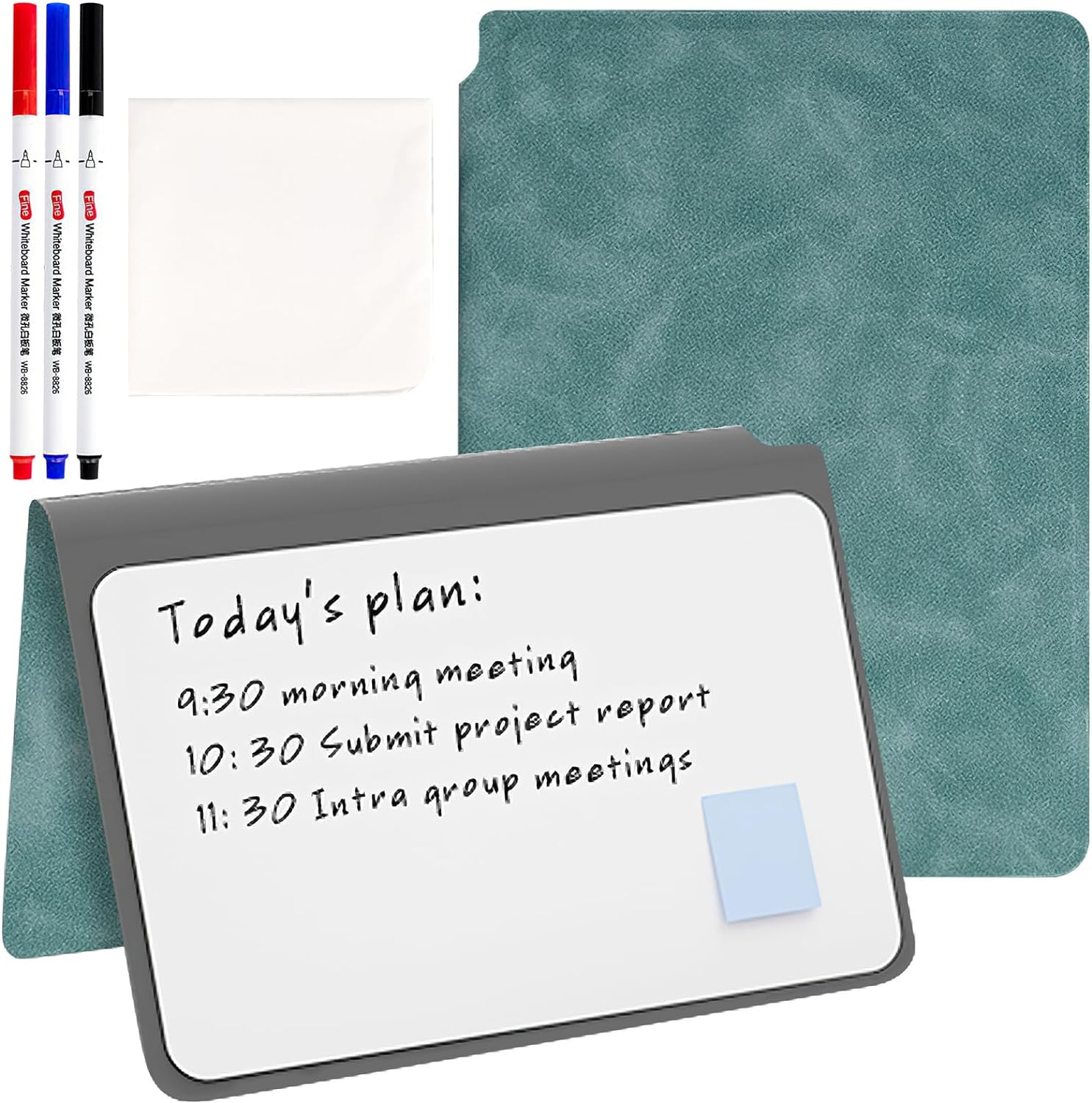 SAYEEC Whiteboard Notebook, Portable Dry Erase Board with 3 Colors Fineliner Pens, Blue PU Cover Erasable Handheld White Board Reusable Drawing Notebook Easel Pad for Meeting, Business, Office, School