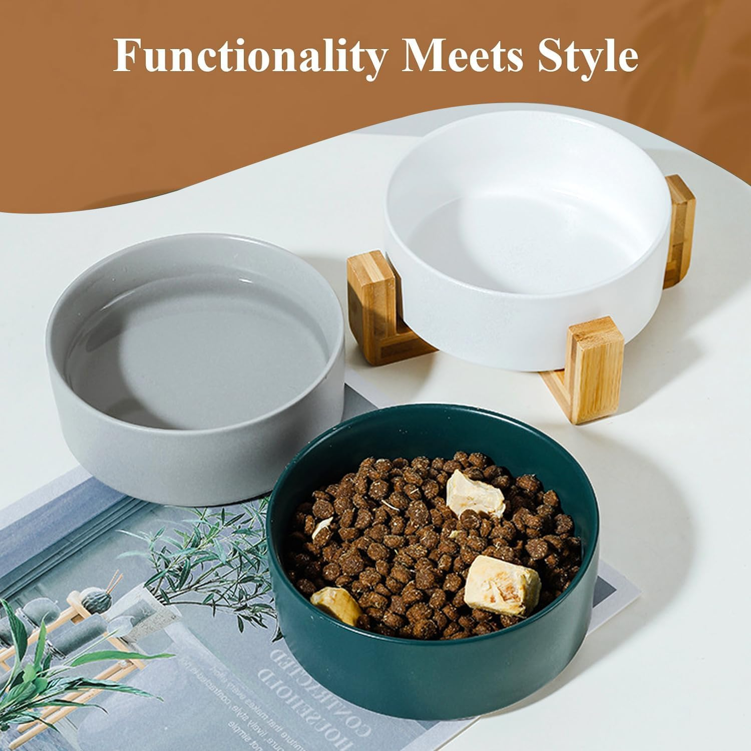 Ceramic Dog Bowl 28OZ with Wood Stand, PRENDIEEN Durable Ceramic Food Water Elevated Dish for Pet 6.1In(15.5Cm) Diameter, Modern Cute Weighted Food Water Set, Cat Dog Food & Water Bowl Set (White) image number 5