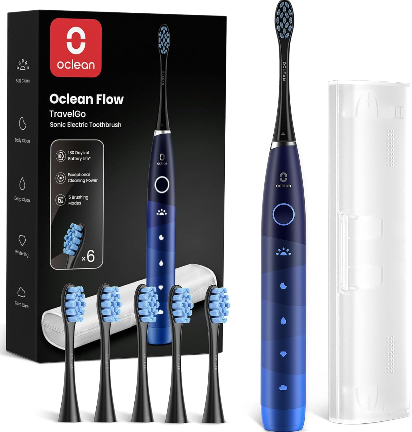 Oclean Flow Travelgo Sonic Electric Toothbrush &ndash; 180-Day Battery, 5 Modes, 6 Dupont Heads, Timer, Pressure Sensor, IPX7 Waterproof &ndash; Oral Hygiene - White