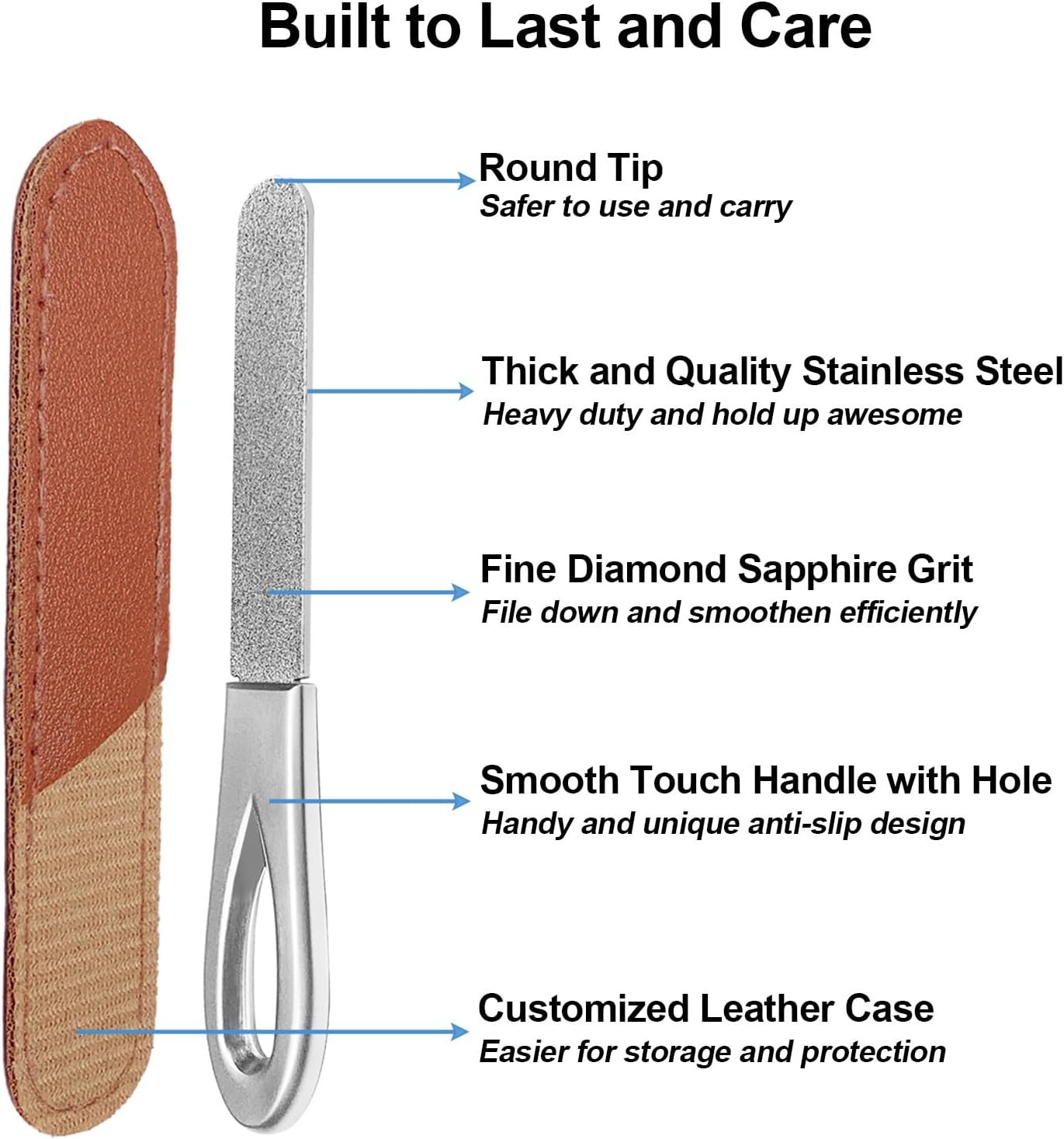 Metal Nail File with Case, 2 Pack Nail Files for Natural Nails, Fingernail Files Diamond round Tip Stainless Steel Double Sided Fine Grit Sapphire Filer with Sheath Leather Cases Travel Silver Brown image number 6